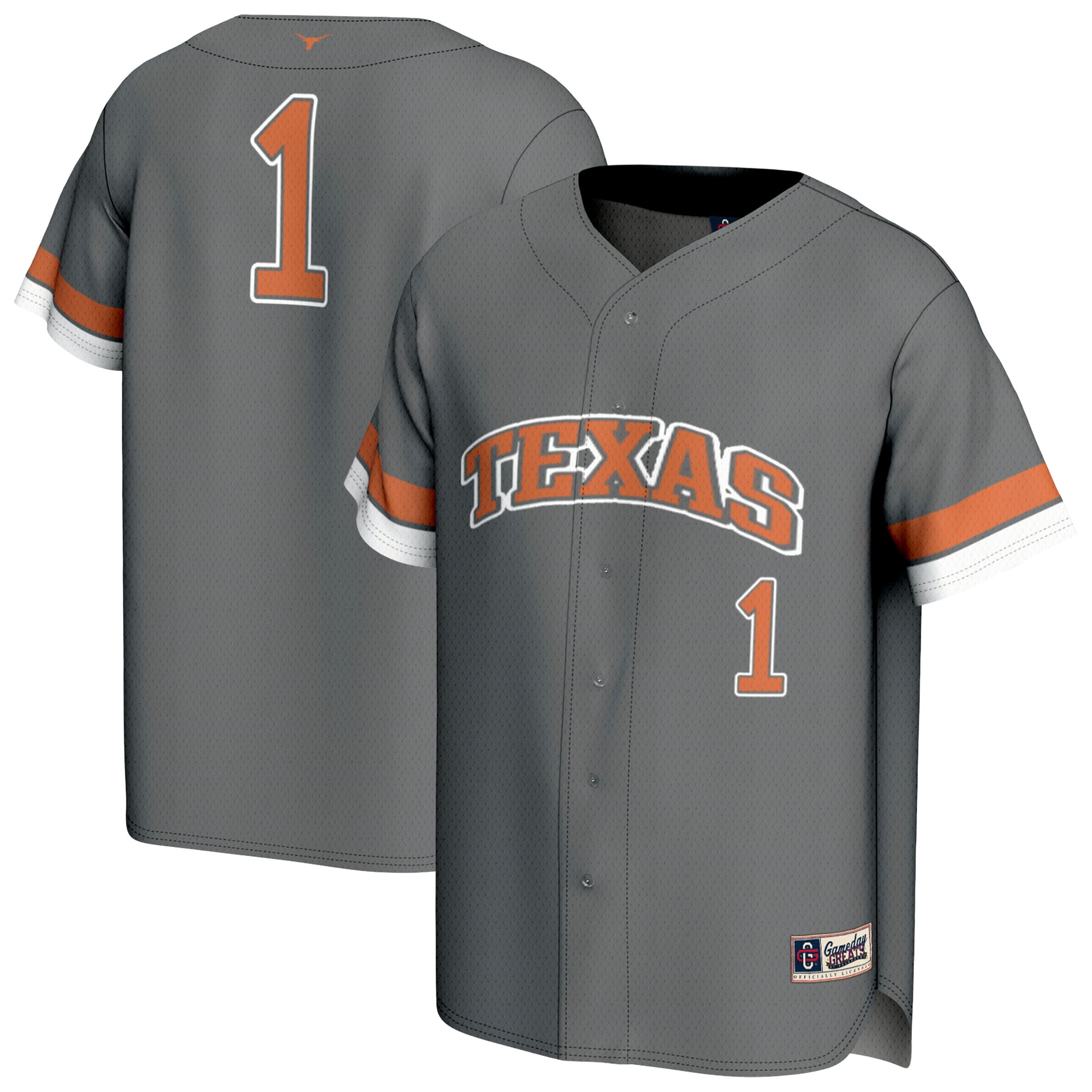 Texas Longhorns Youth Lightweight Collegiate Baseball Fashion Jersey Gray - front and back view