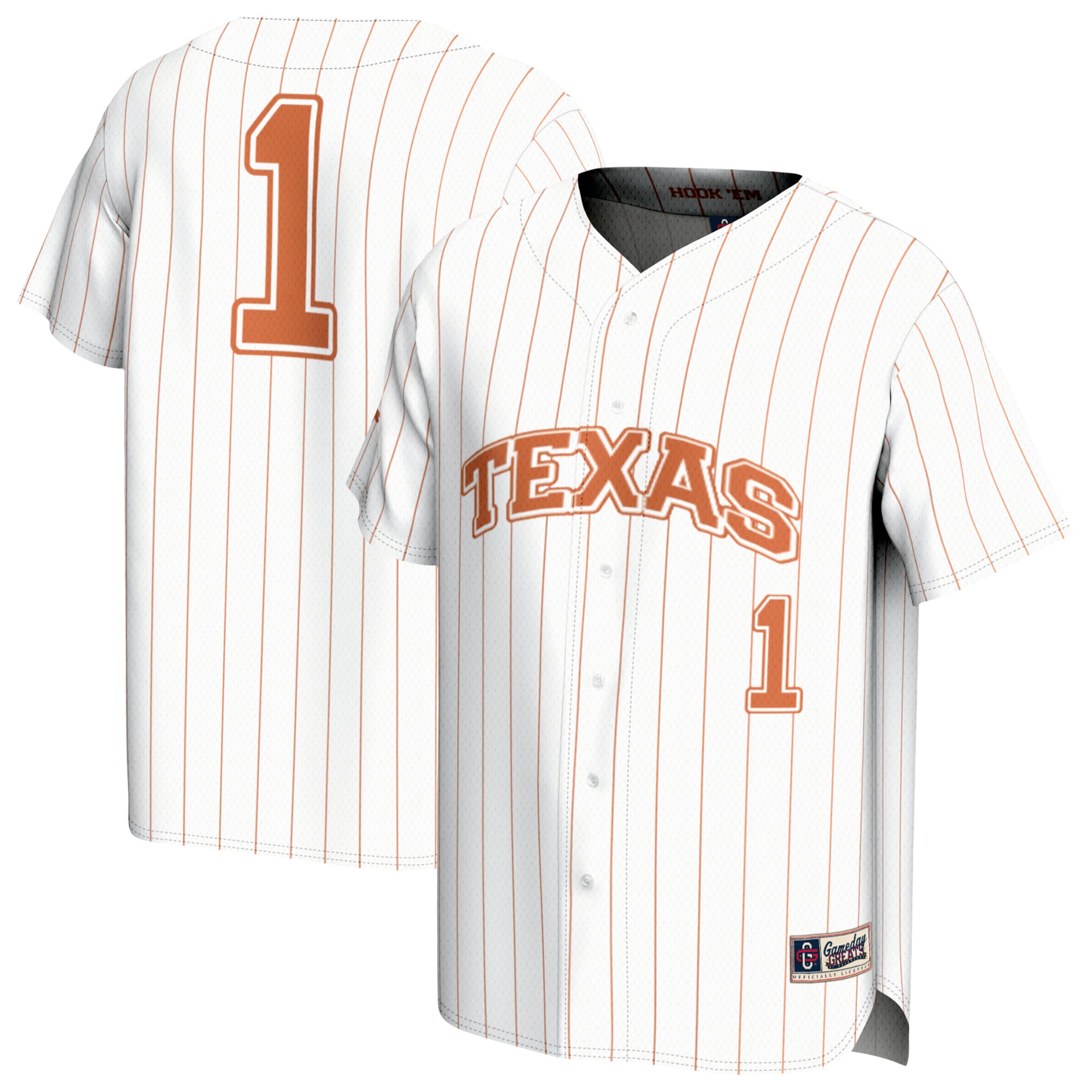 #1 Texas Longhorns Youth Lightweight Collegiate Baseball Fashion Jersey White - front and back view