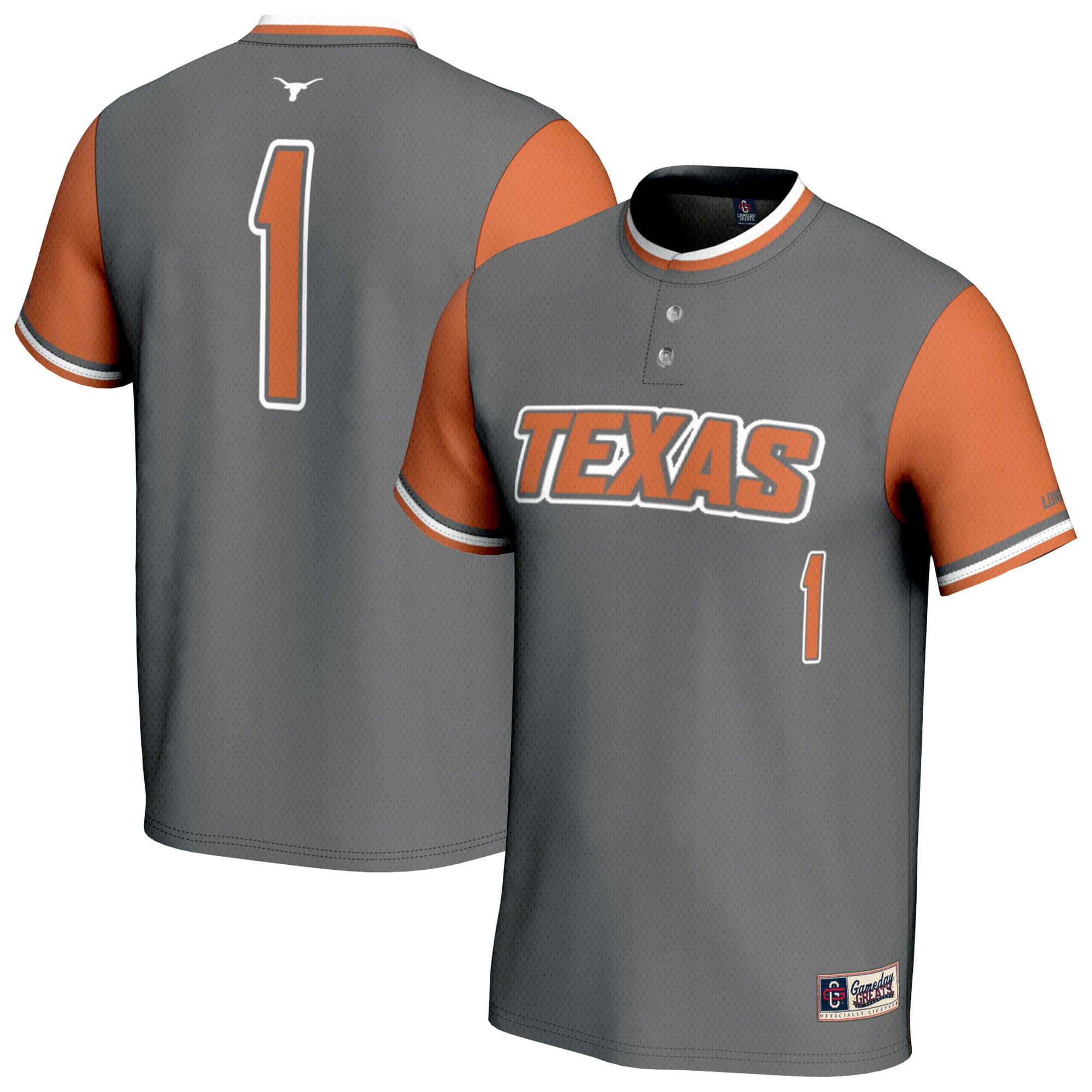 Texas Longhorns Youth Lightweight Softball Fashion Jersey Gray - front and back view