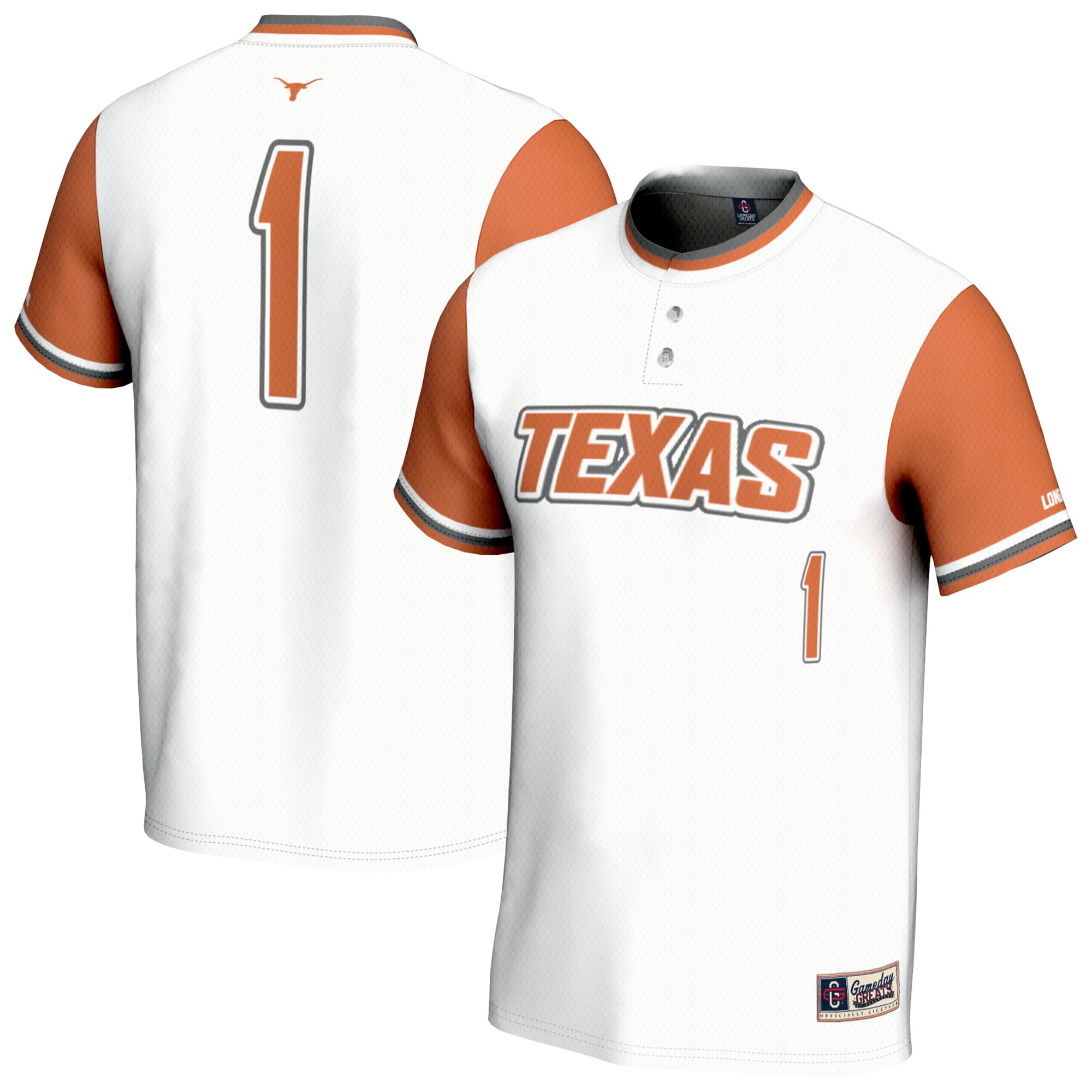 Texas Longhorns Youth Lightweight Softball Fashion Jersey White - front and back view
