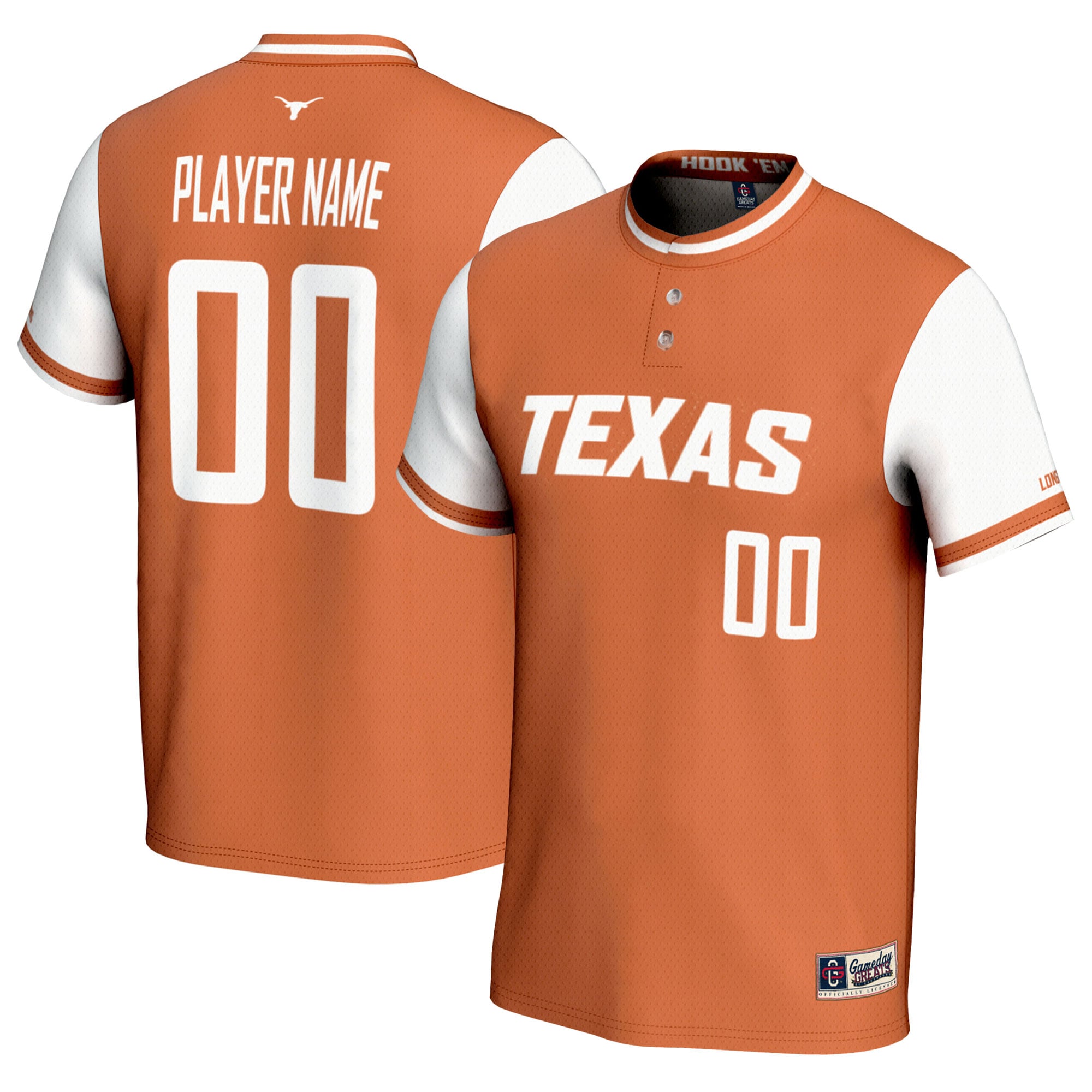 Texas Longhorns Youth Lightweight Softball Jersey Texas Orange - front and back view