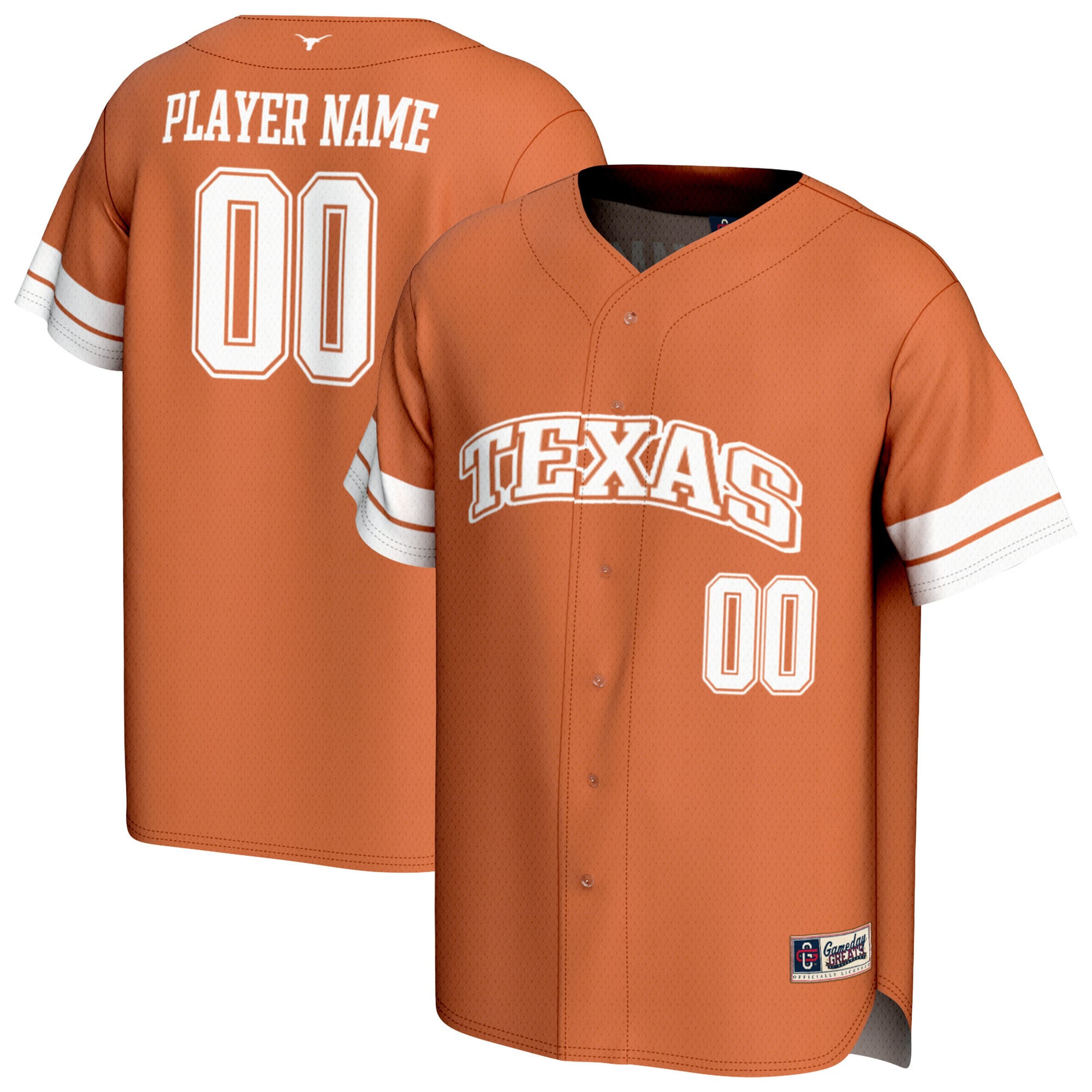 Texas Longhorns Youth Personalized Collegiate Baseball Fashion Jersey Texas - front and back view