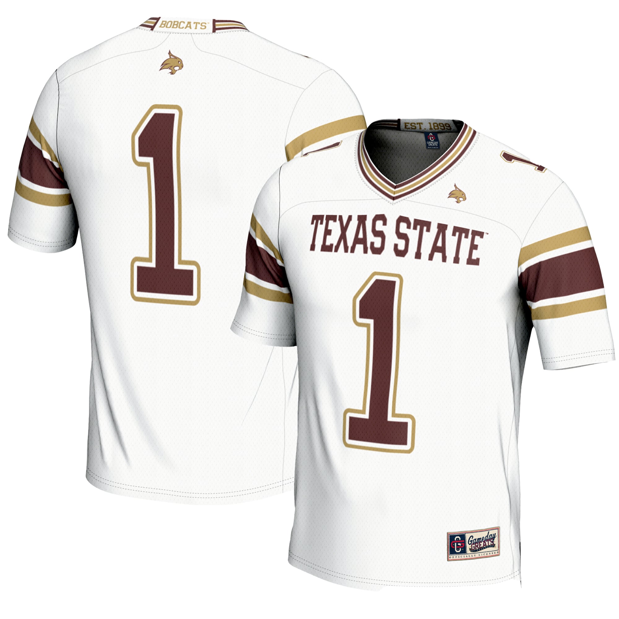 #1 Texas State Bobcats Endzone Football Jersey White - front and back view