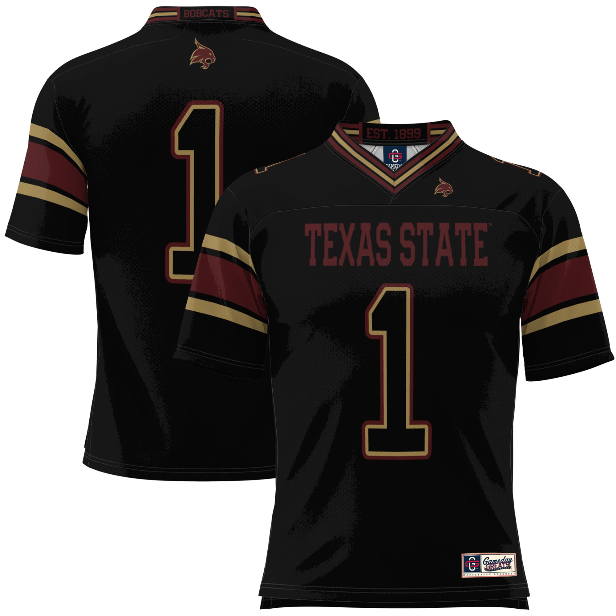 #1 Texas State Bobcats Youth Football Jersey Black - front and back view