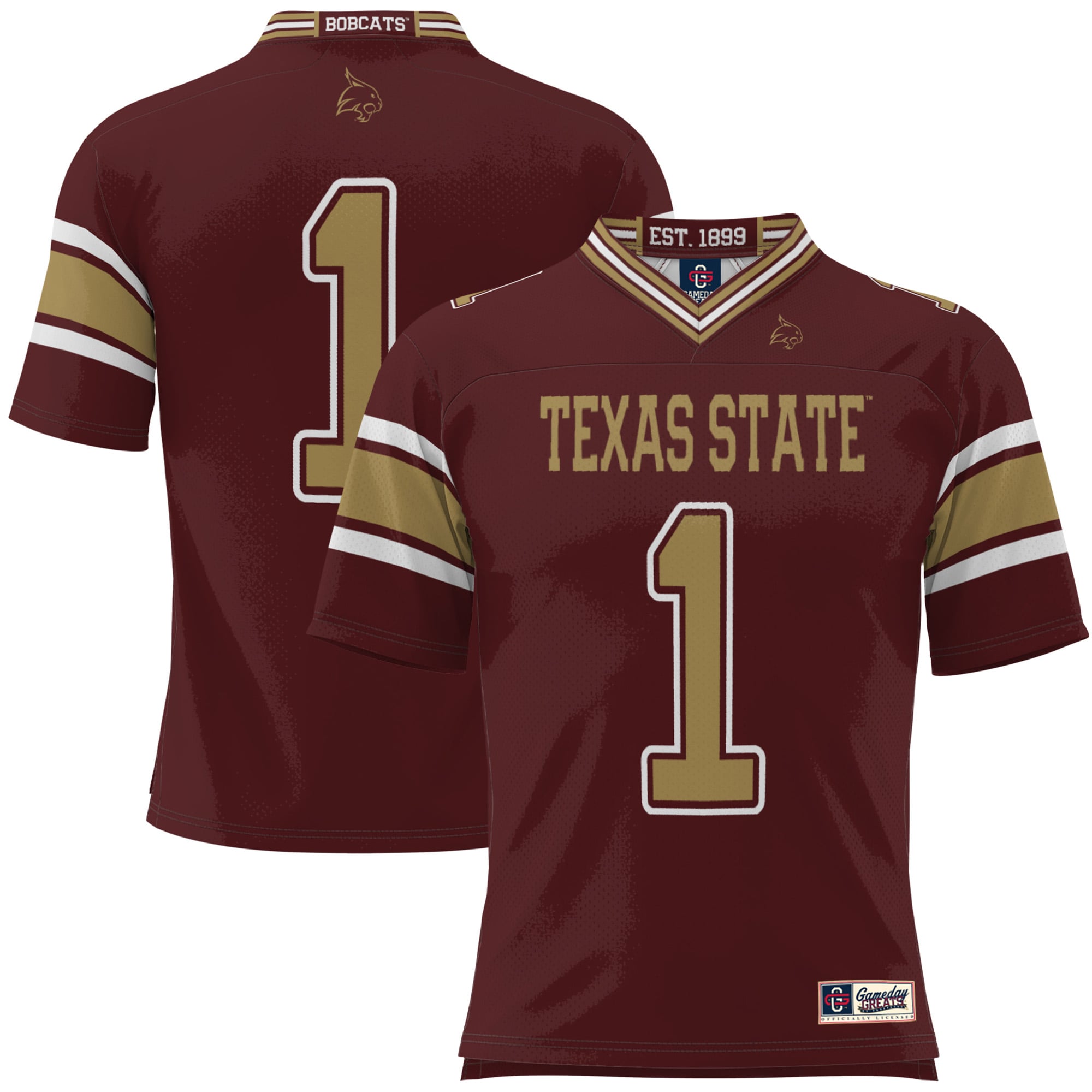 #1 Texas State Bobcats Youth Football Jersey Maroon - front and back view