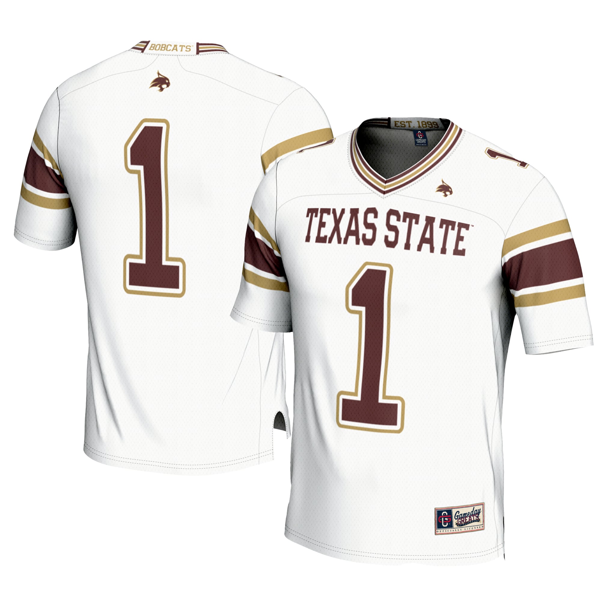 #1 Texas State Bobcats Football Jersey White - front and back view