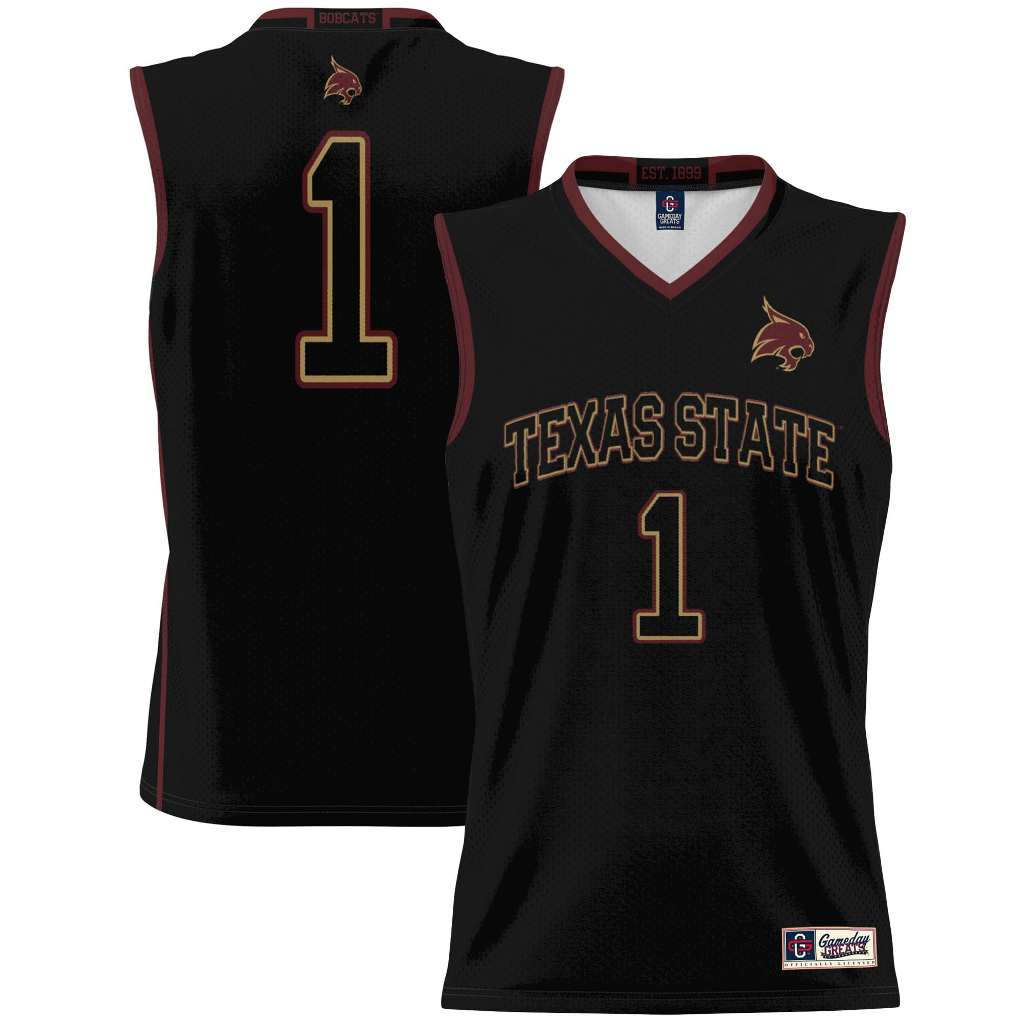 #1 Texas State Bobcats Unisex Lightweight Basketball Jersey Black - front and back view