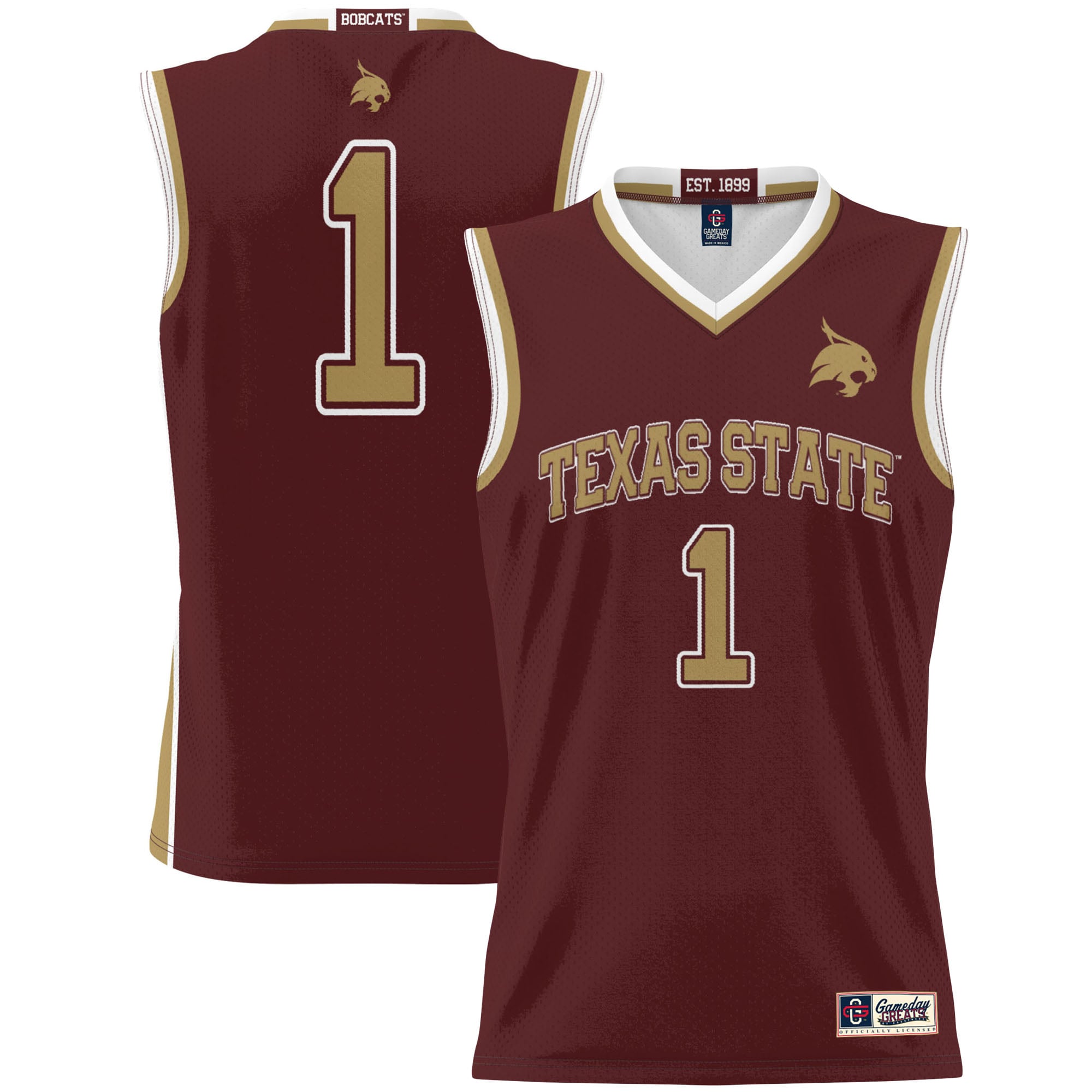 #1 Texas State Bobcats Unisex Lightweight Basketball Jersey Maroon - front and back view