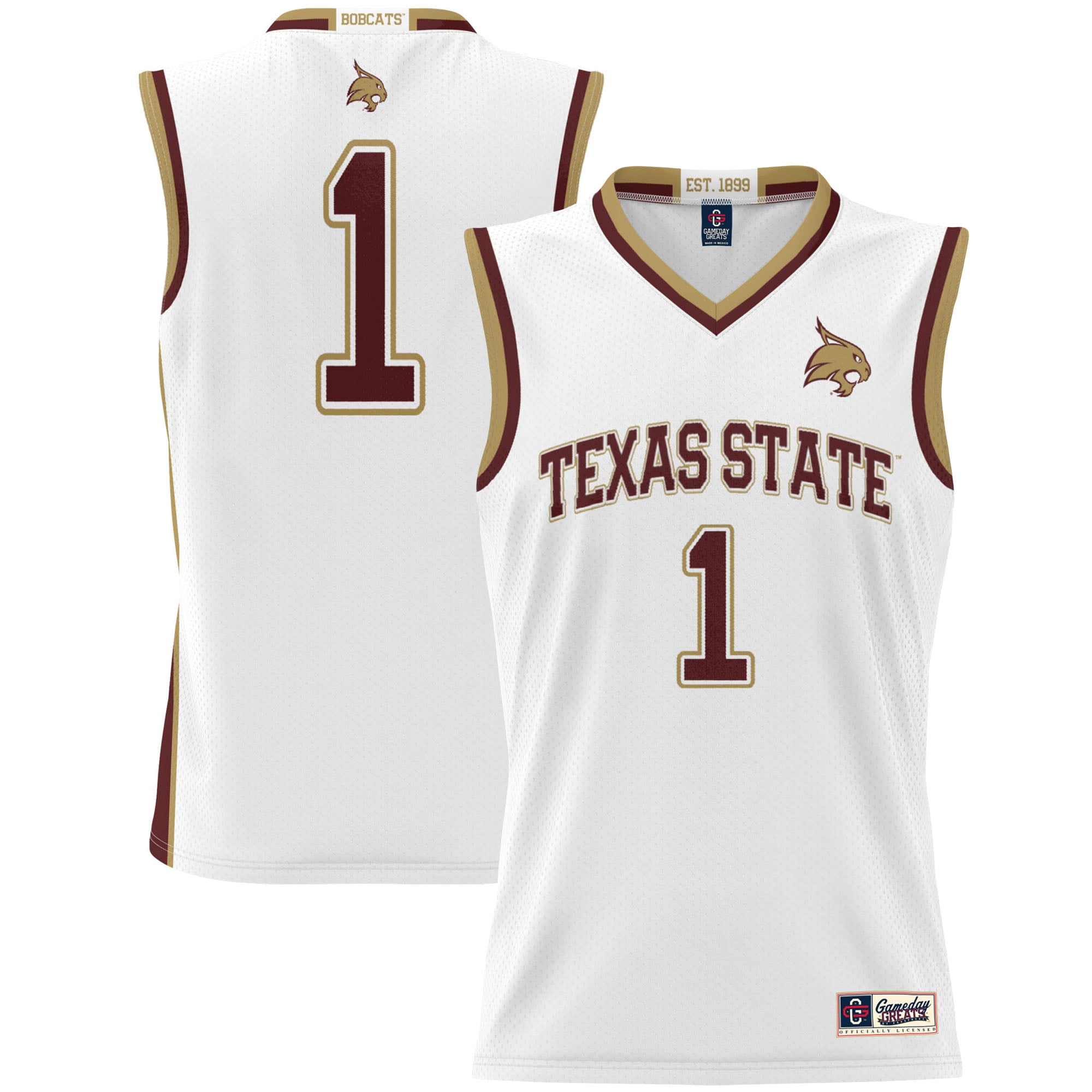 #1 Texas State Bobcats Unisex Lightweight Basketball Jersey White - front and back view