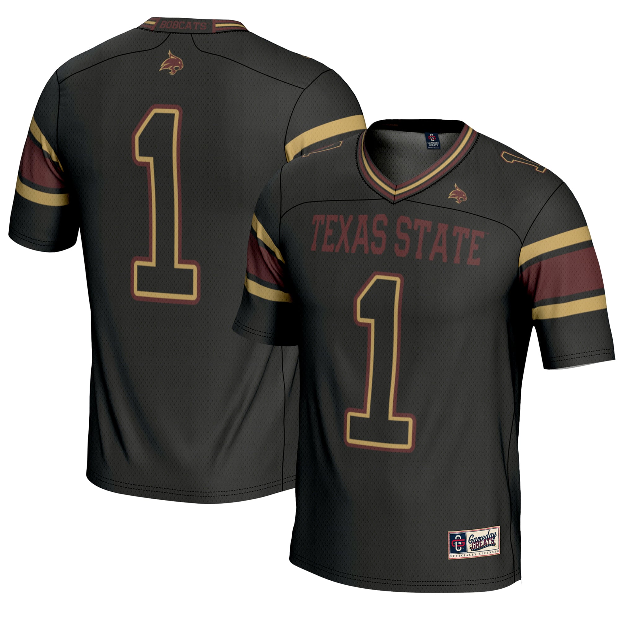 #1 Texas State Bobcats Youth Endzone Football Jersey Black - front and back view