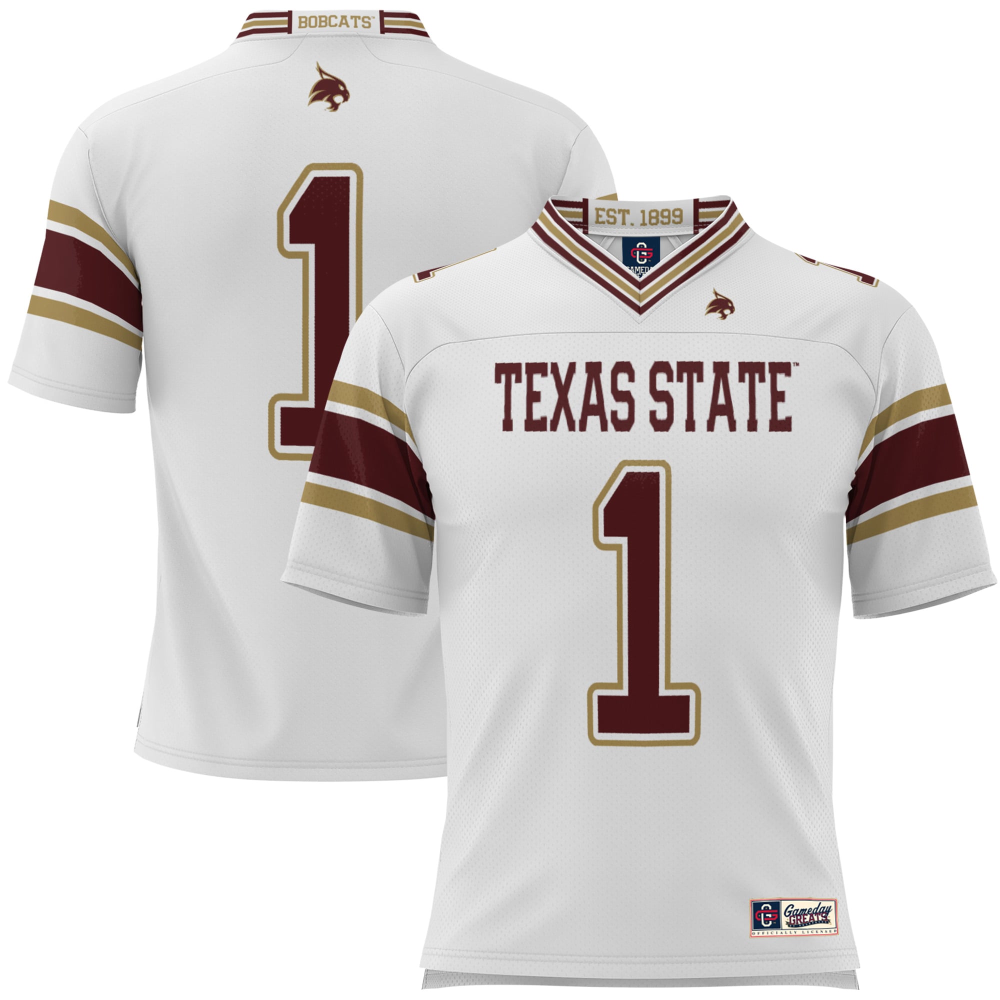 #1 Texas State Bobcats Youth Football Jersey White - front and back view