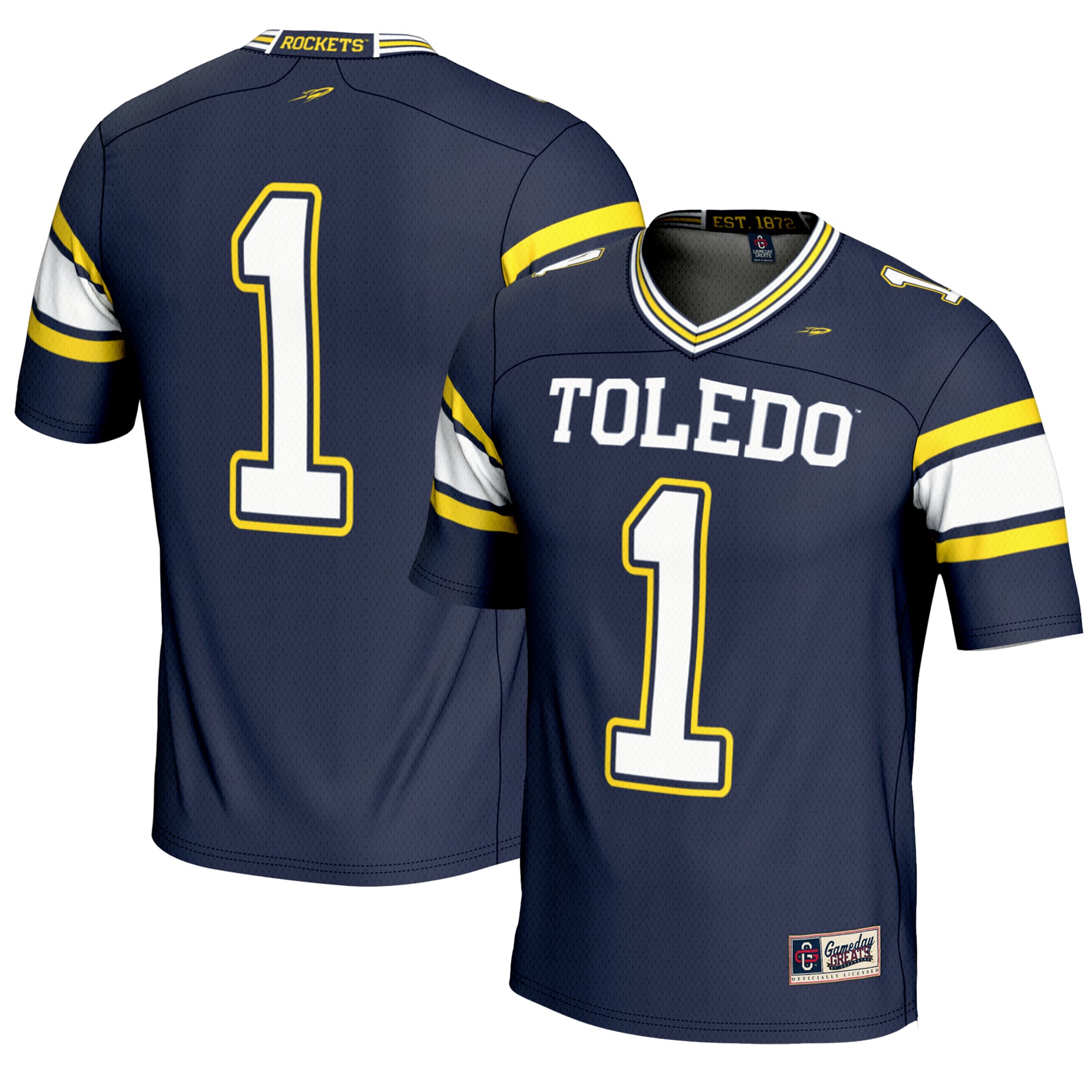 #1 Toledo Rockets Youth Endzone Football Jersey Navy - front and back view