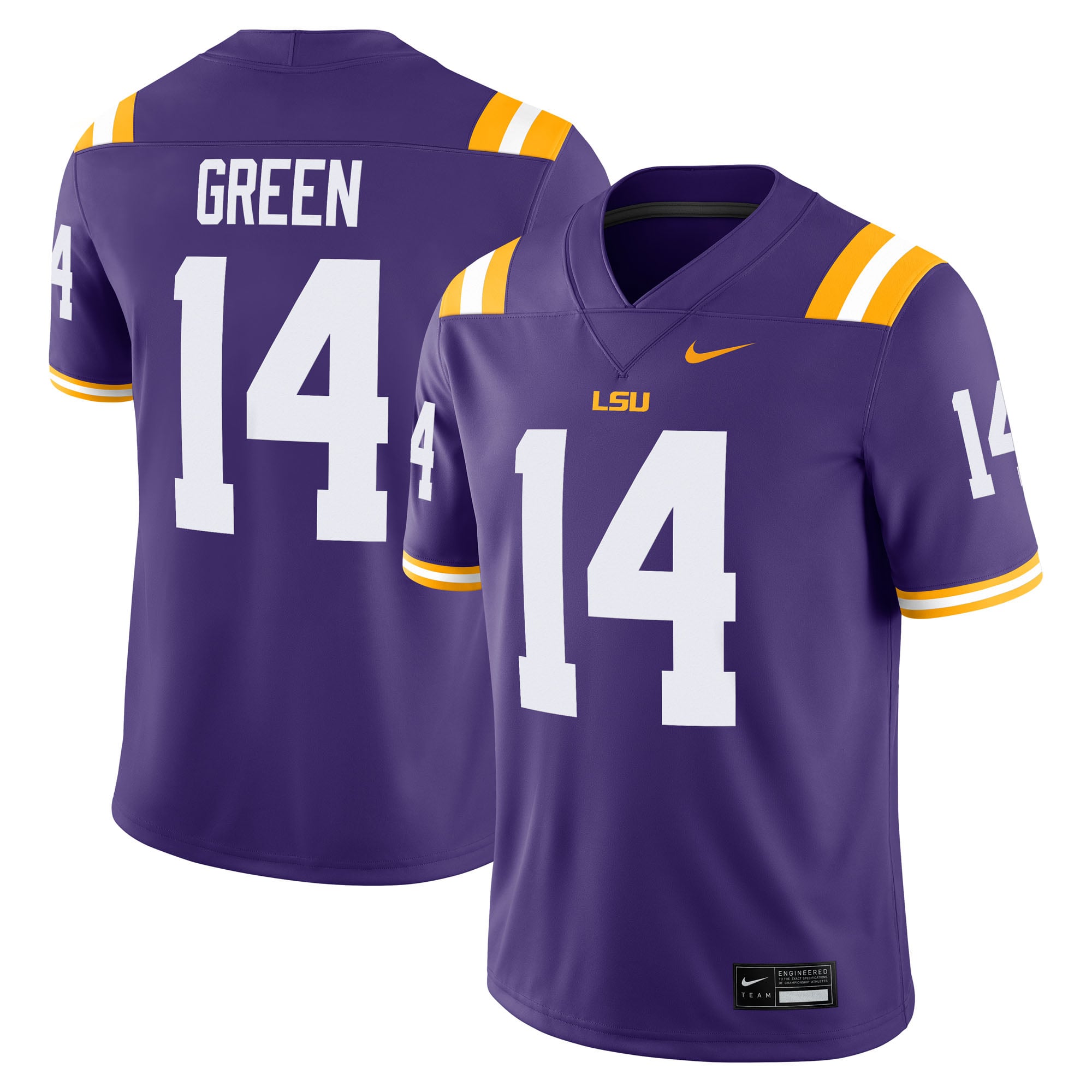 Trey'Dez Green LSU Tigers Home Jersey Purple - front and back view