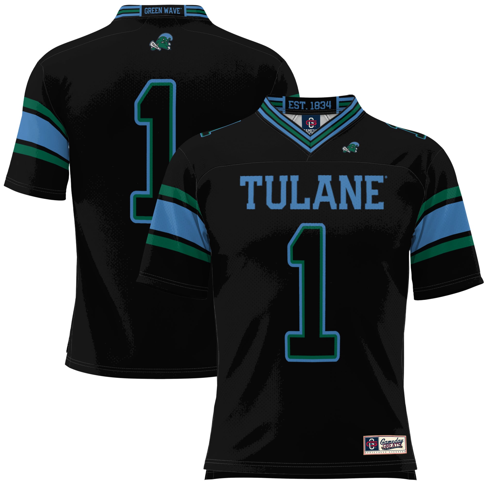 #1 Tulane Green Wave Youth Football Jersey Black - front and back view