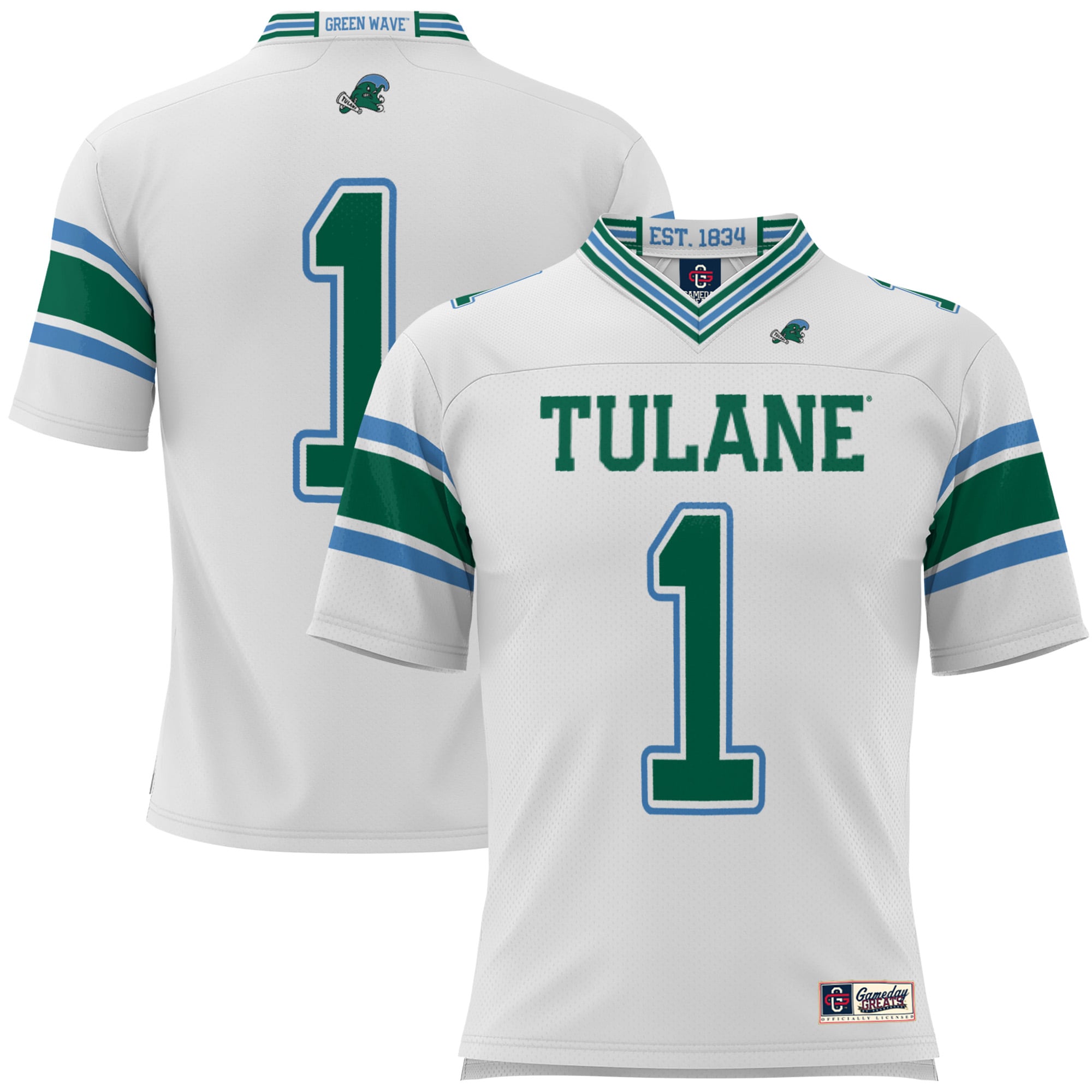#1 Tulane Green Wave Football Jersey White - front and back view
