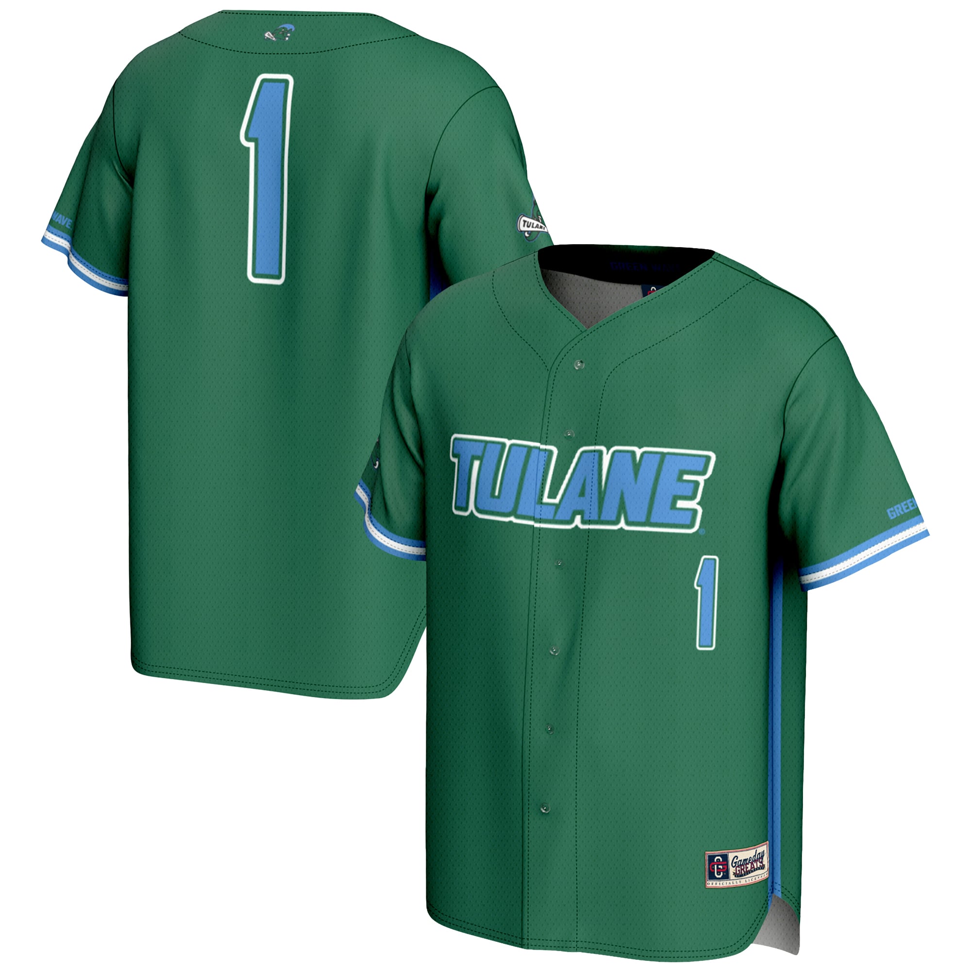 #1 Tulane Green Wave Lightweight Baseball Jersey Green - front and back view