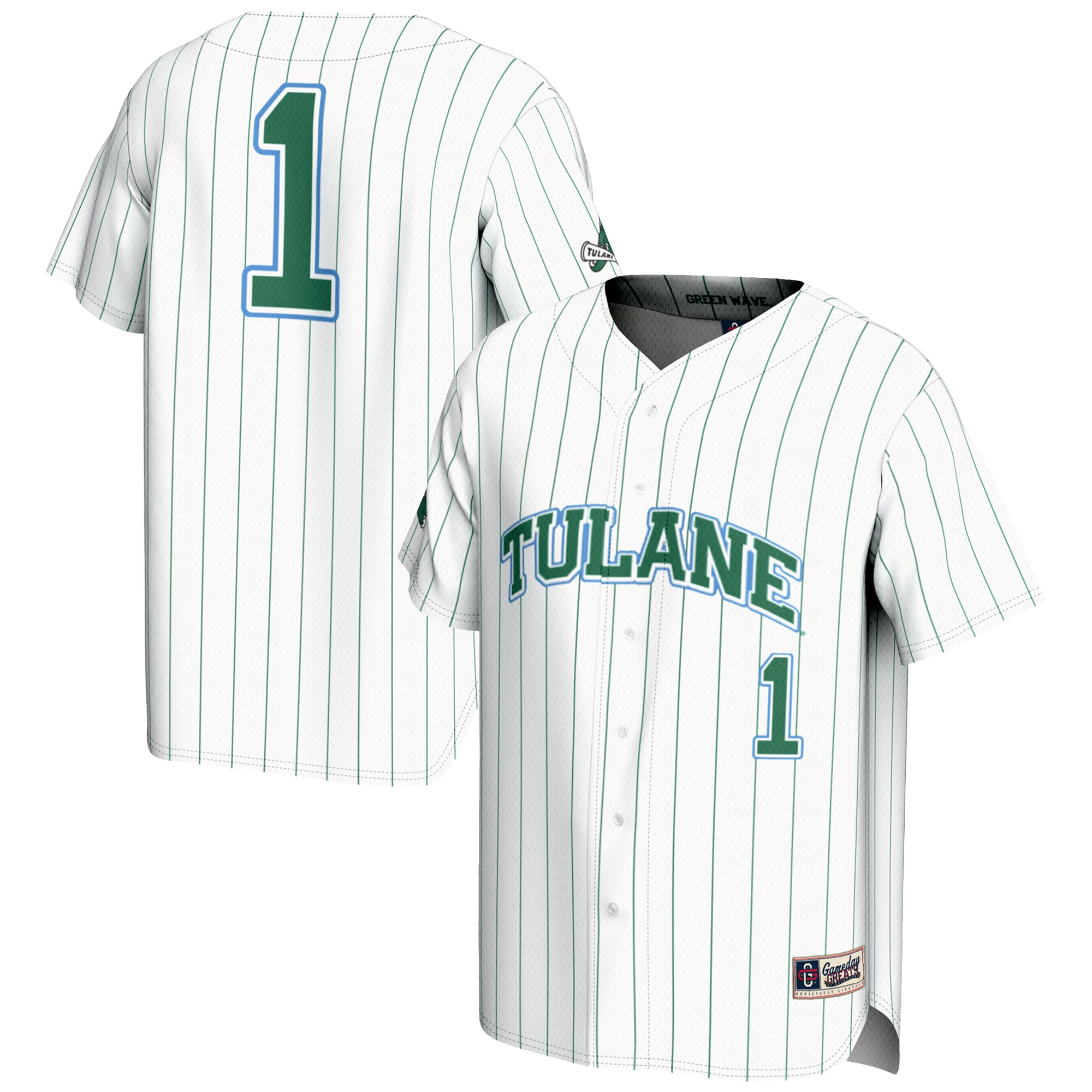 #1 Tulane Green Wave Lightweight Baseball Jersey White - front and back view