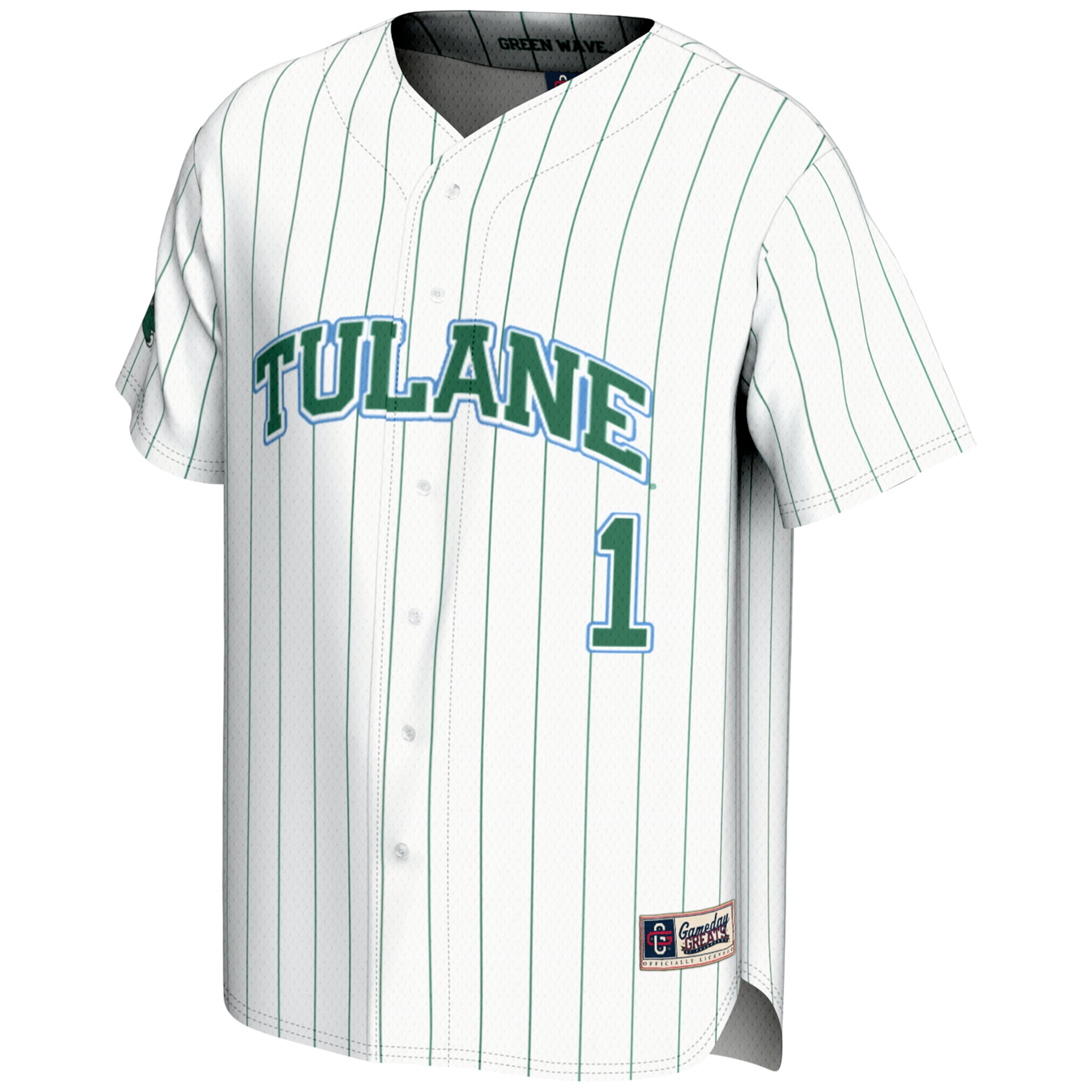 #1 Tulane Green Wave Lightweight Baseball Jersey White - front view