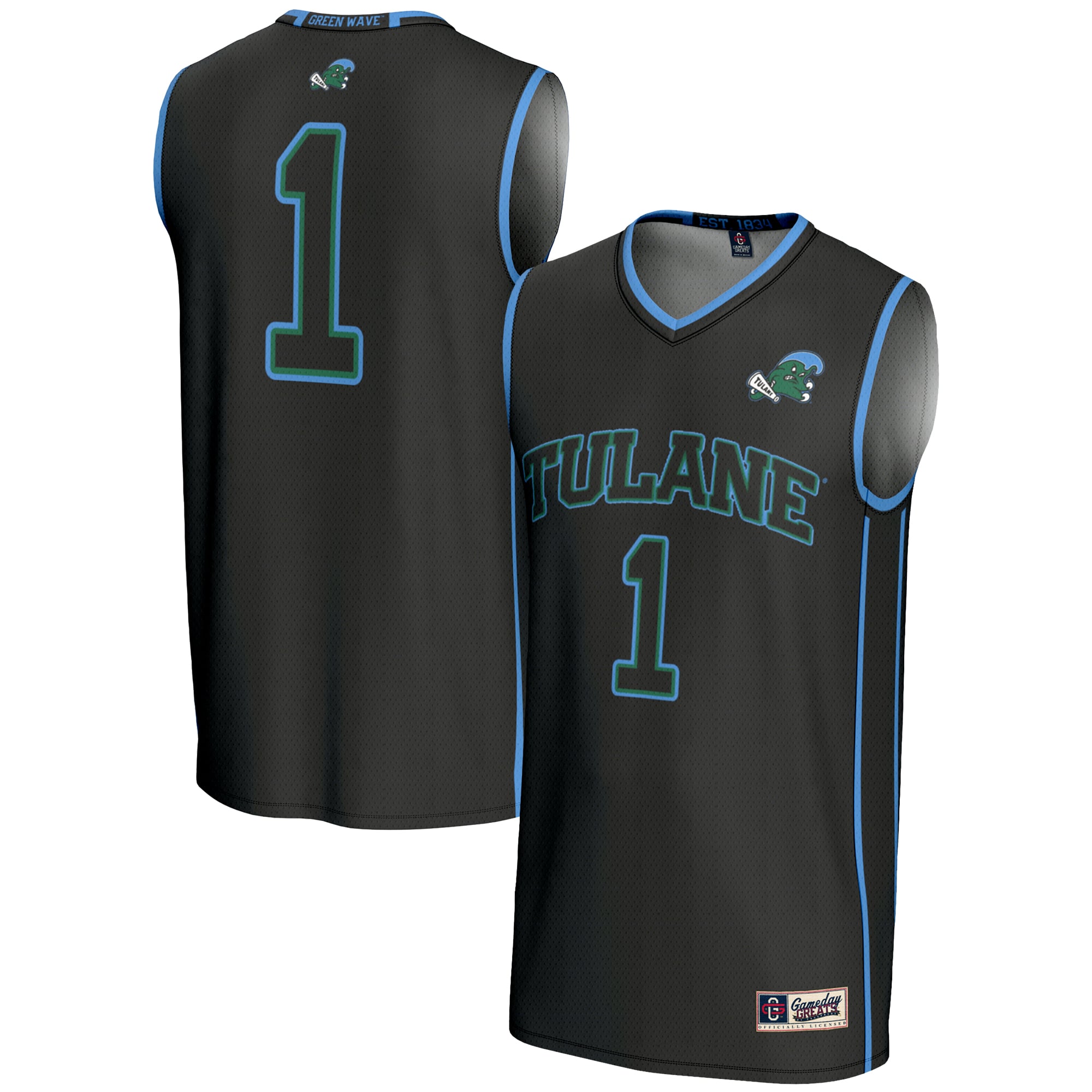 #1 Tulane Green Wave Lightweight Basketball Jersey Black - front and back view