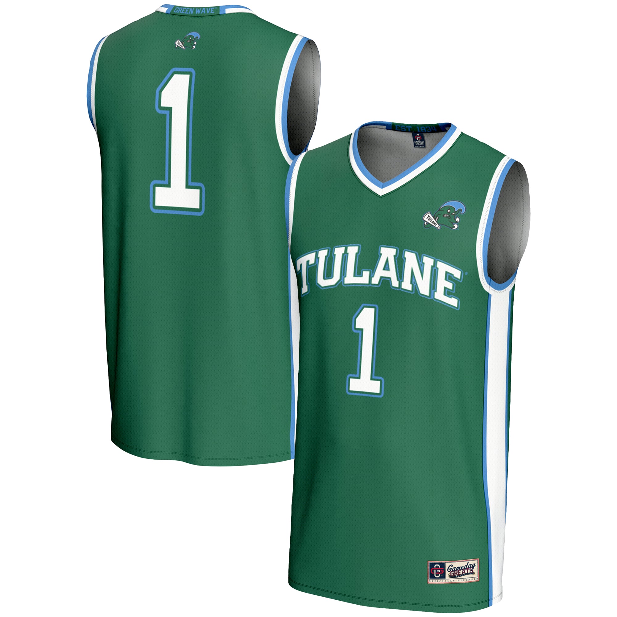 #1 Tulane Green Wave Lightweight Basketball Jersey Green - front and back view
