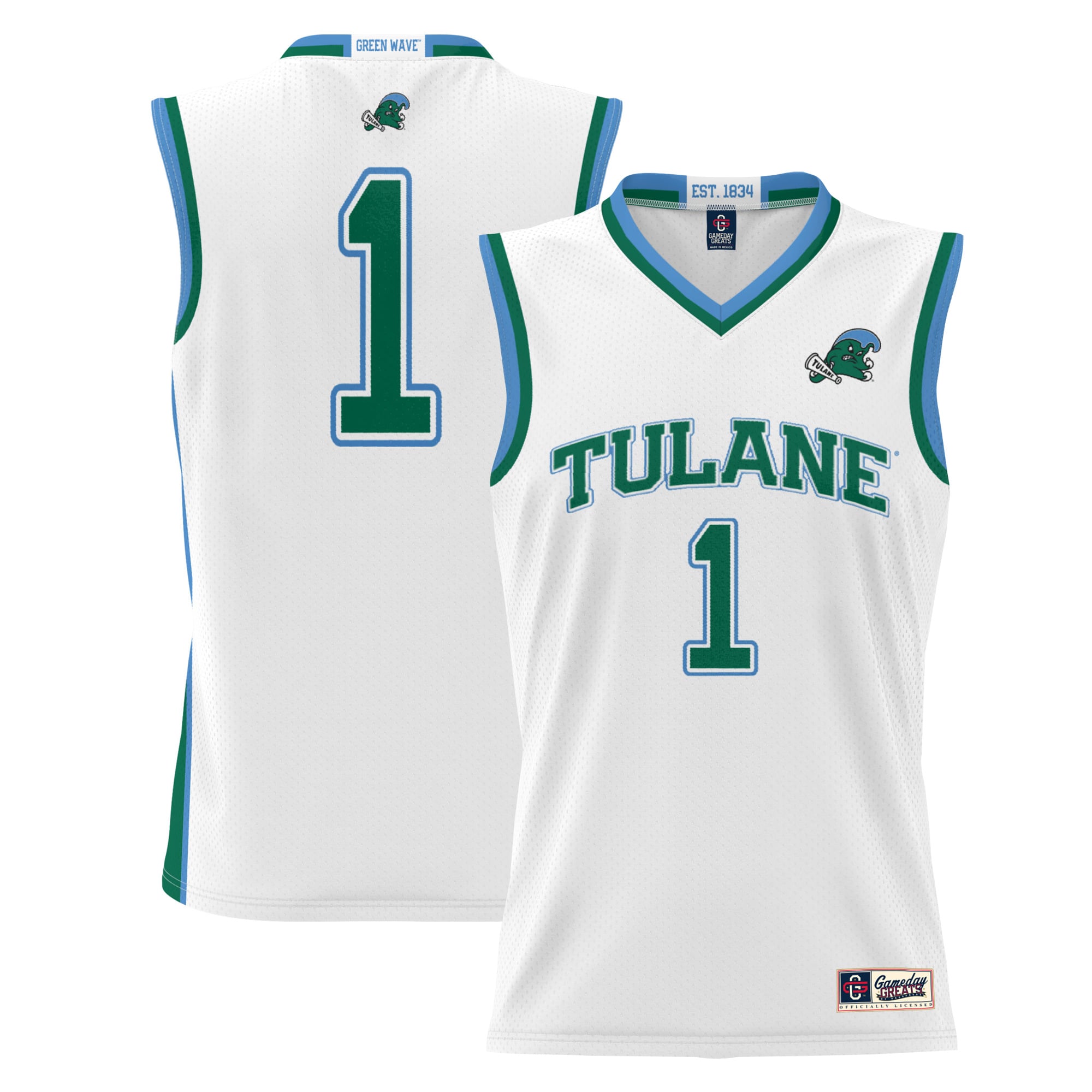 #1 Tulane Green Wave Lightweight Basketball Jersey White - front and back view