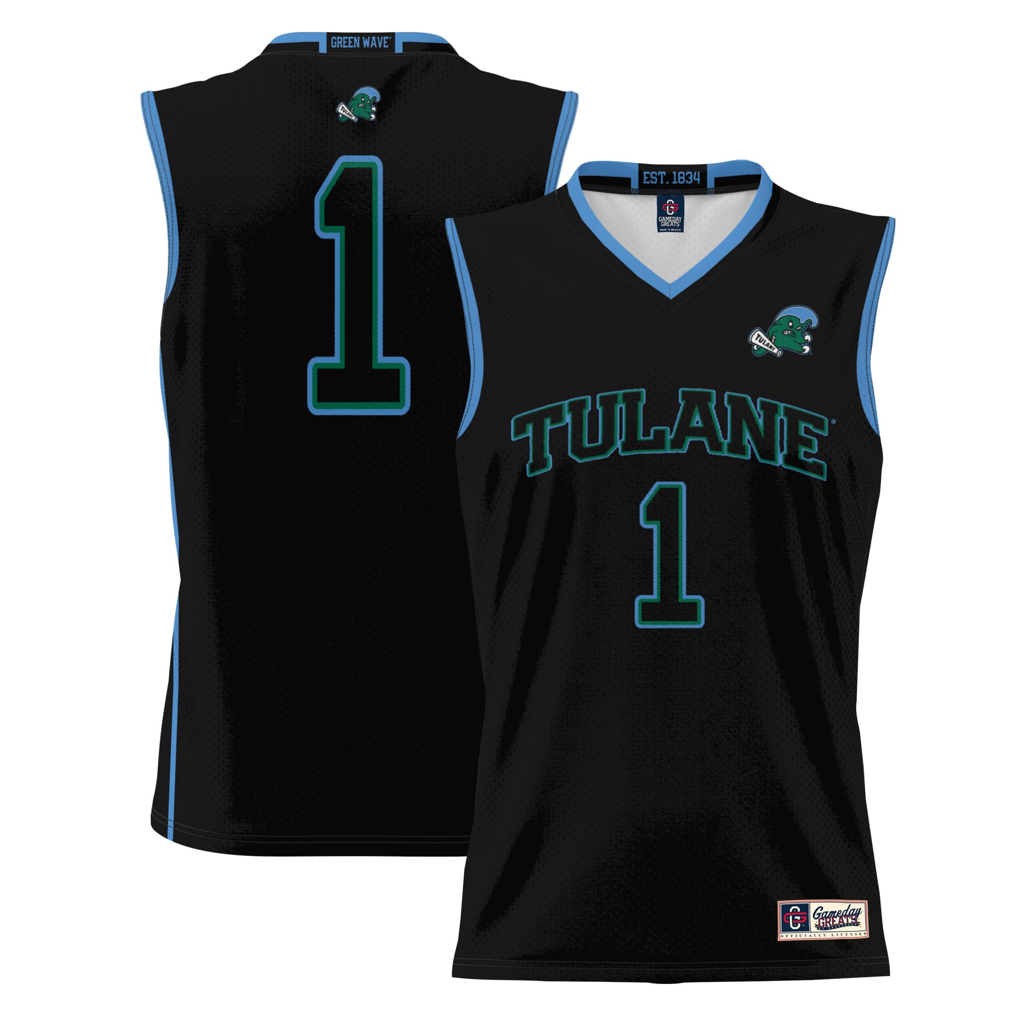 #1 Tulane Green Wave Youth Lightweight Basketball Jersey Black - front and back view