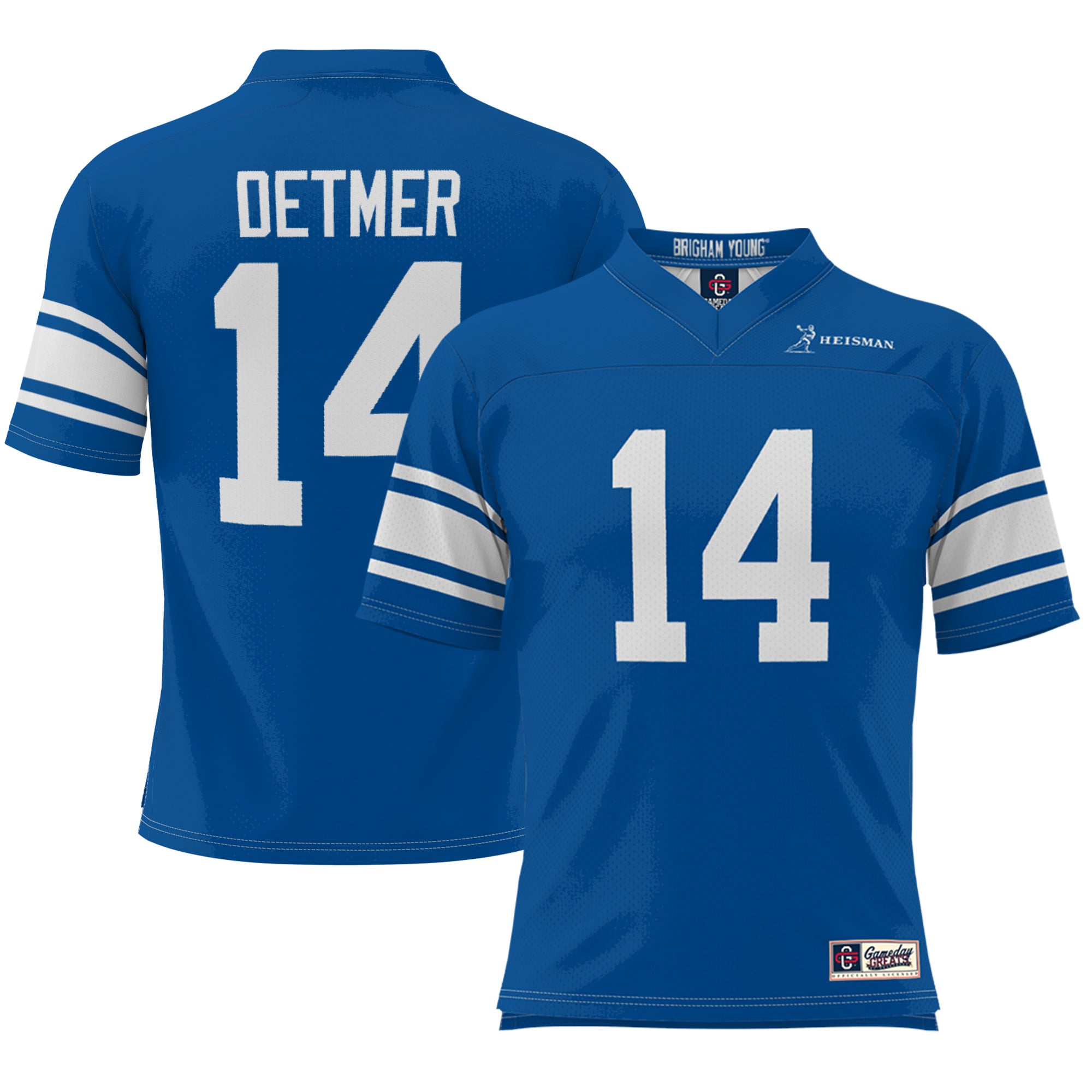 Ty Detmer BYU Cougars Youth Heisman Football Jersey Royal - front and back view