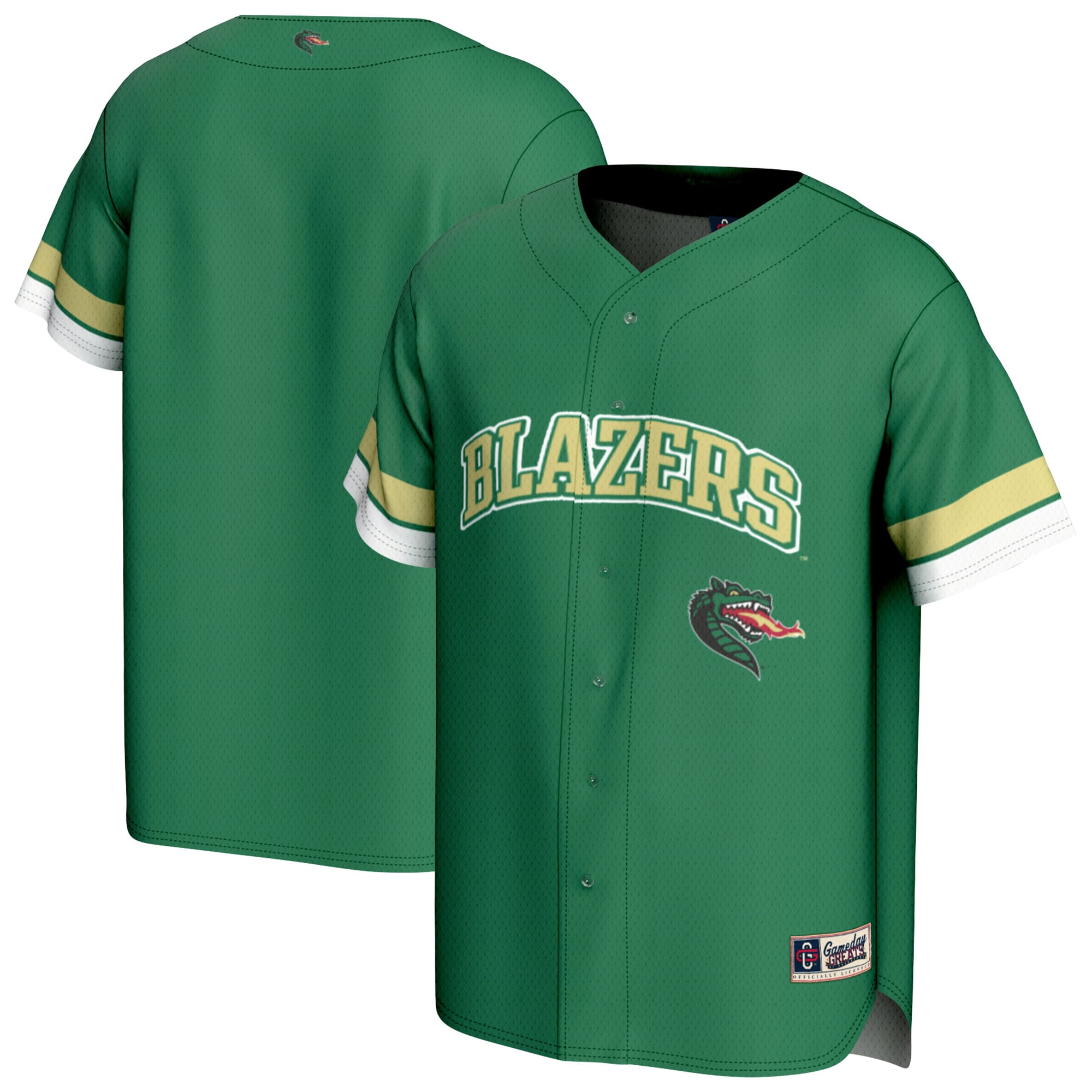 UAB Blazers Youth Baseball Jersey Green - front and back view