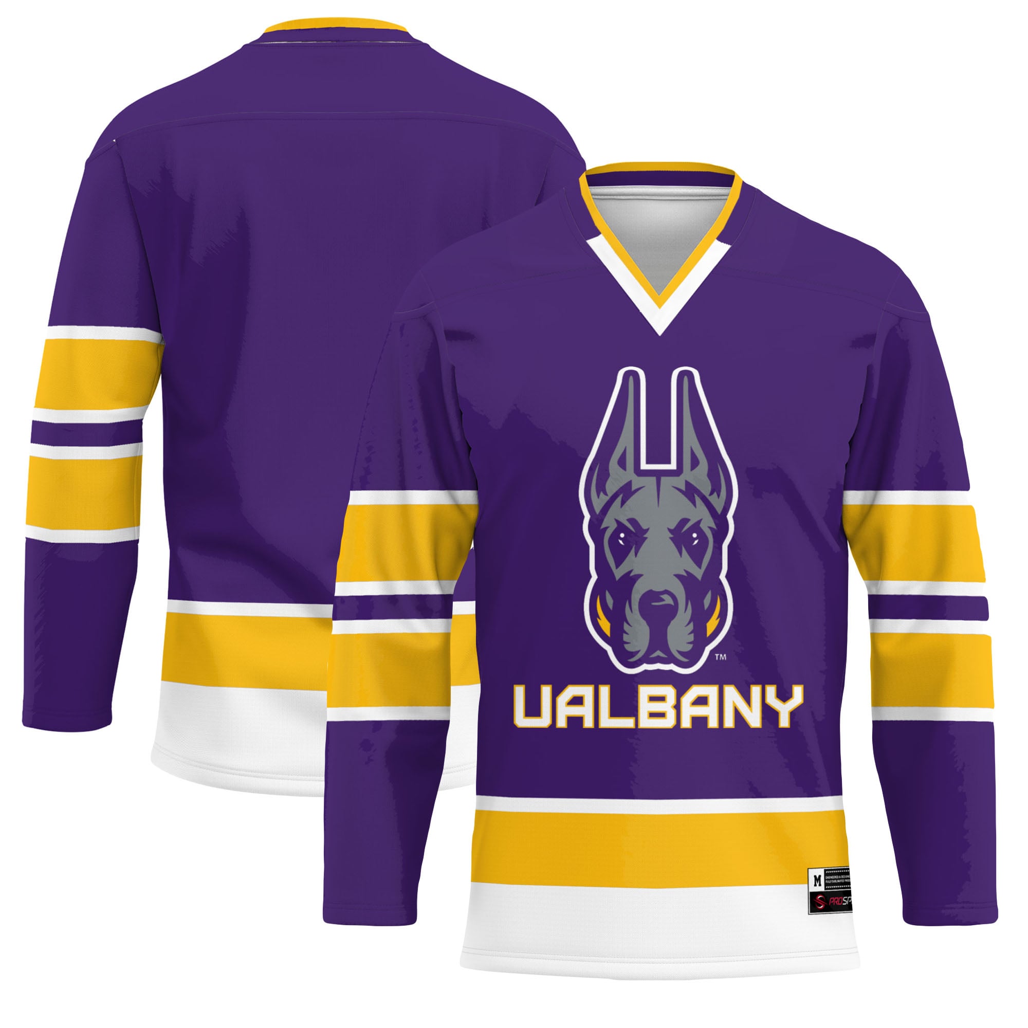UAlbany Great Danes Youth Hockey Jersey Purple - front and back view