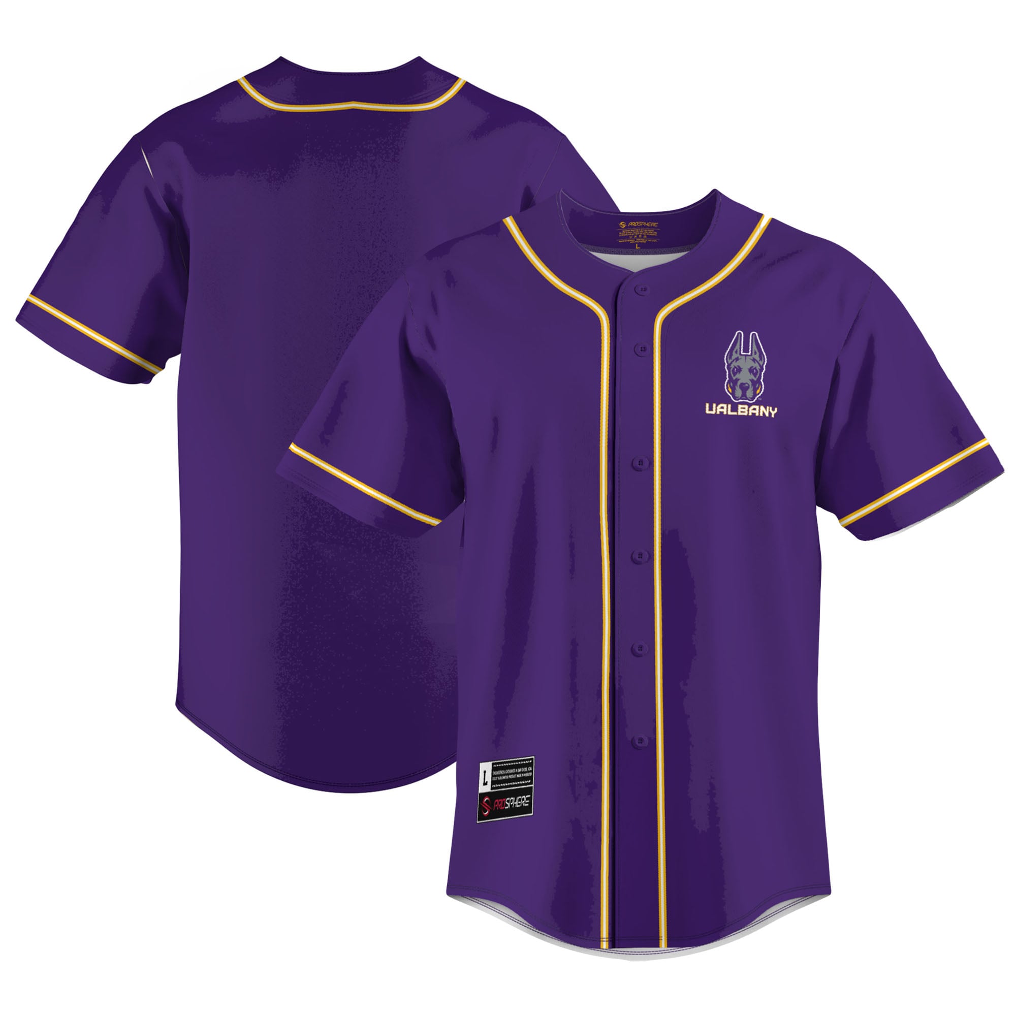 UAlbany Great Danes Youth Lightweight Baseball Jersey Purple - front and back view