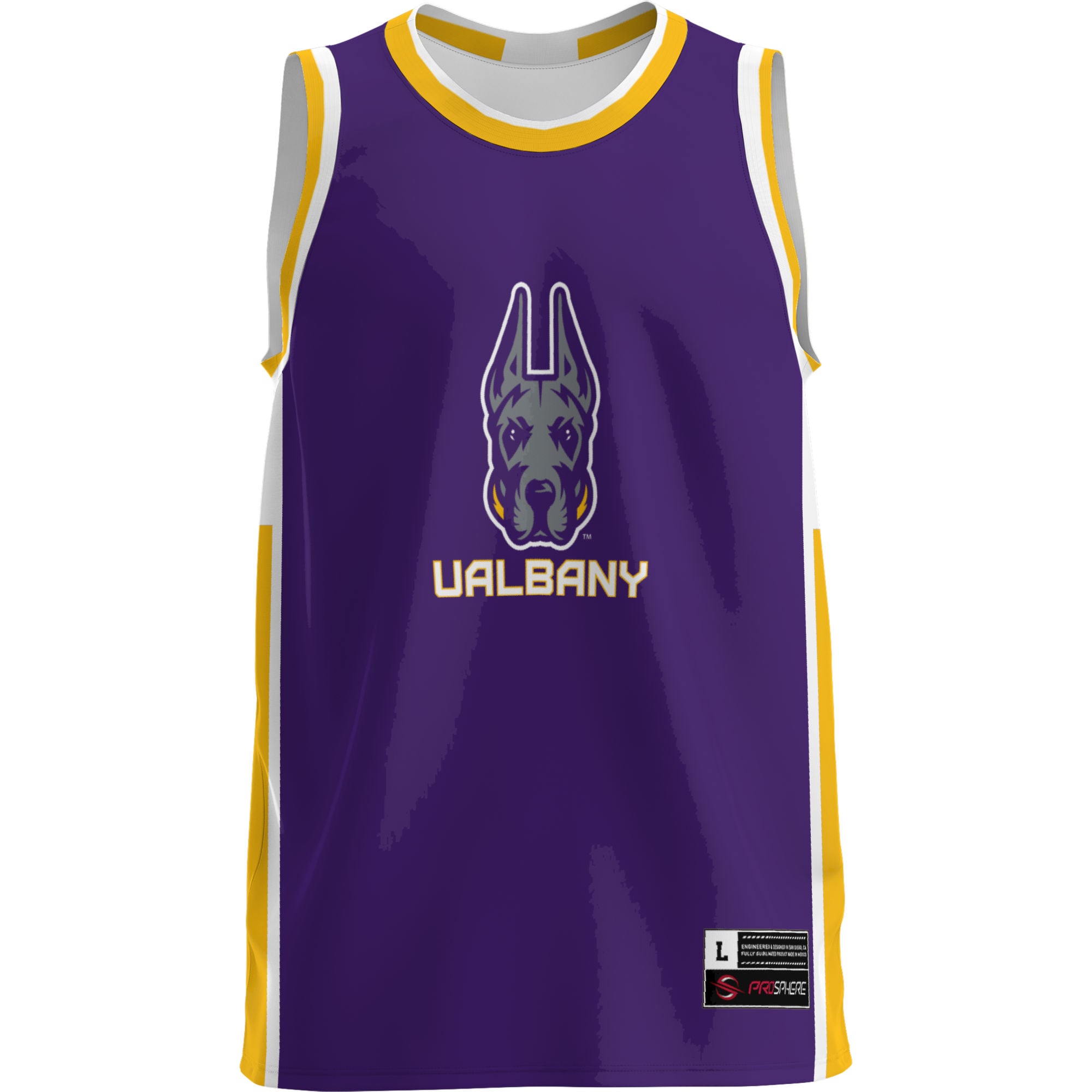 UAlbany Great Danes Youth Lightweight Basketball Jersey Purple - front view