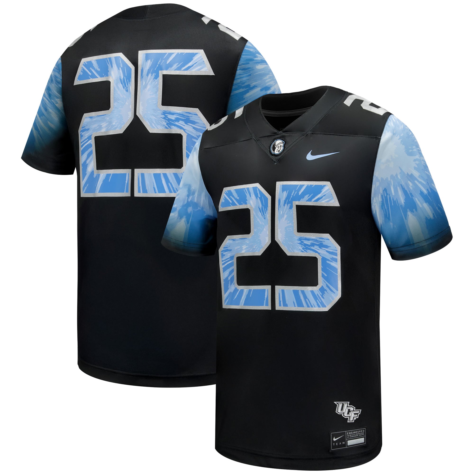 #25 UCF Knights 2025 Space Game Football Jersey Black - front and back view