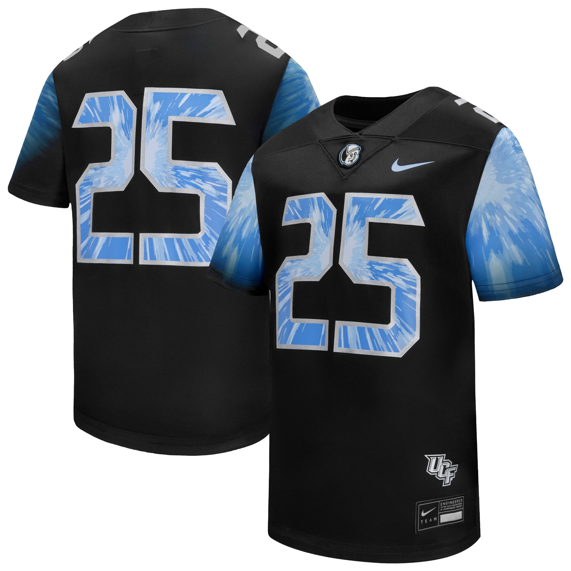 #25 UCF Knights Youth 2025 Space Game Football Jersey Black - front and back view