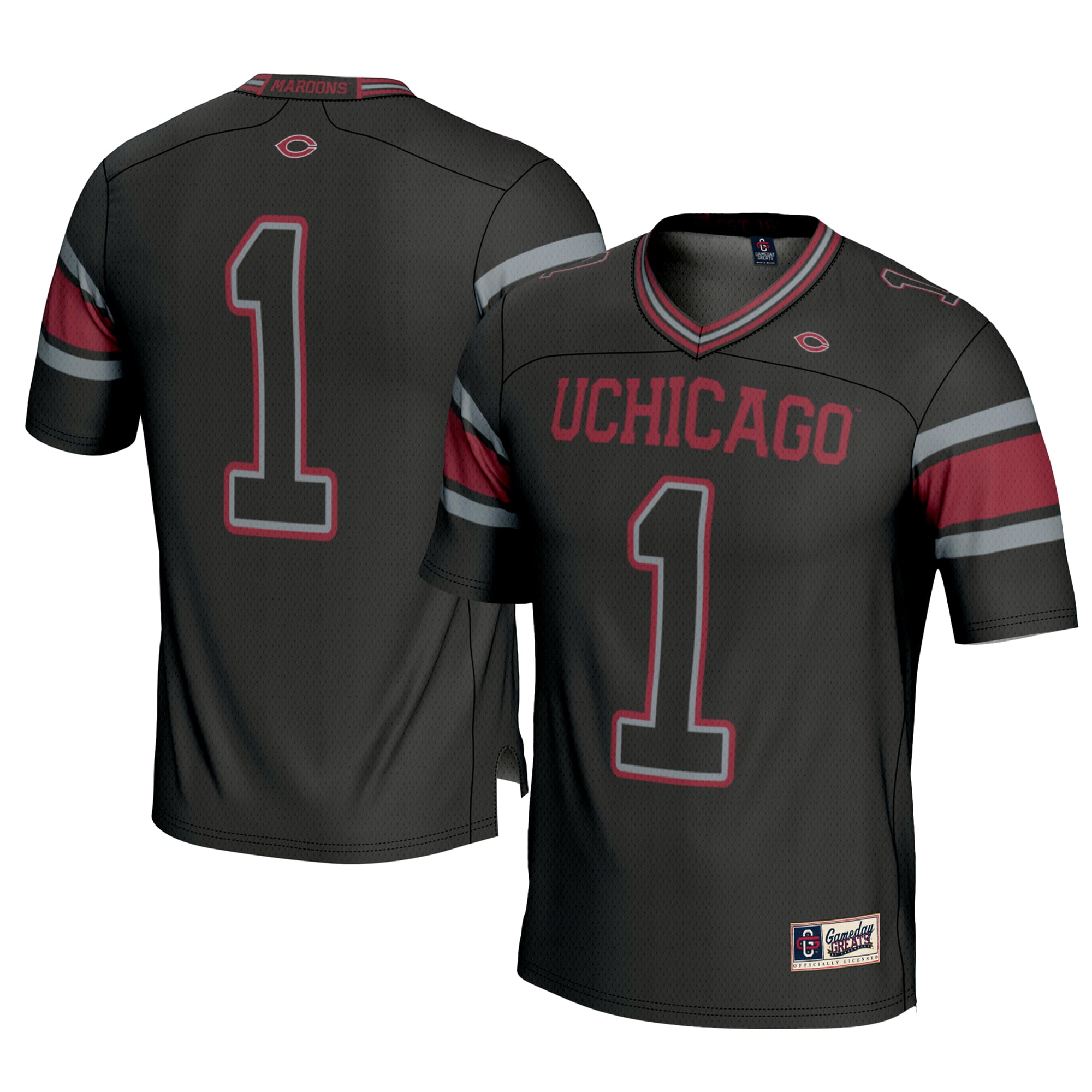 #1 UChicago Maroons Youth Football Jersey Black - front and back view