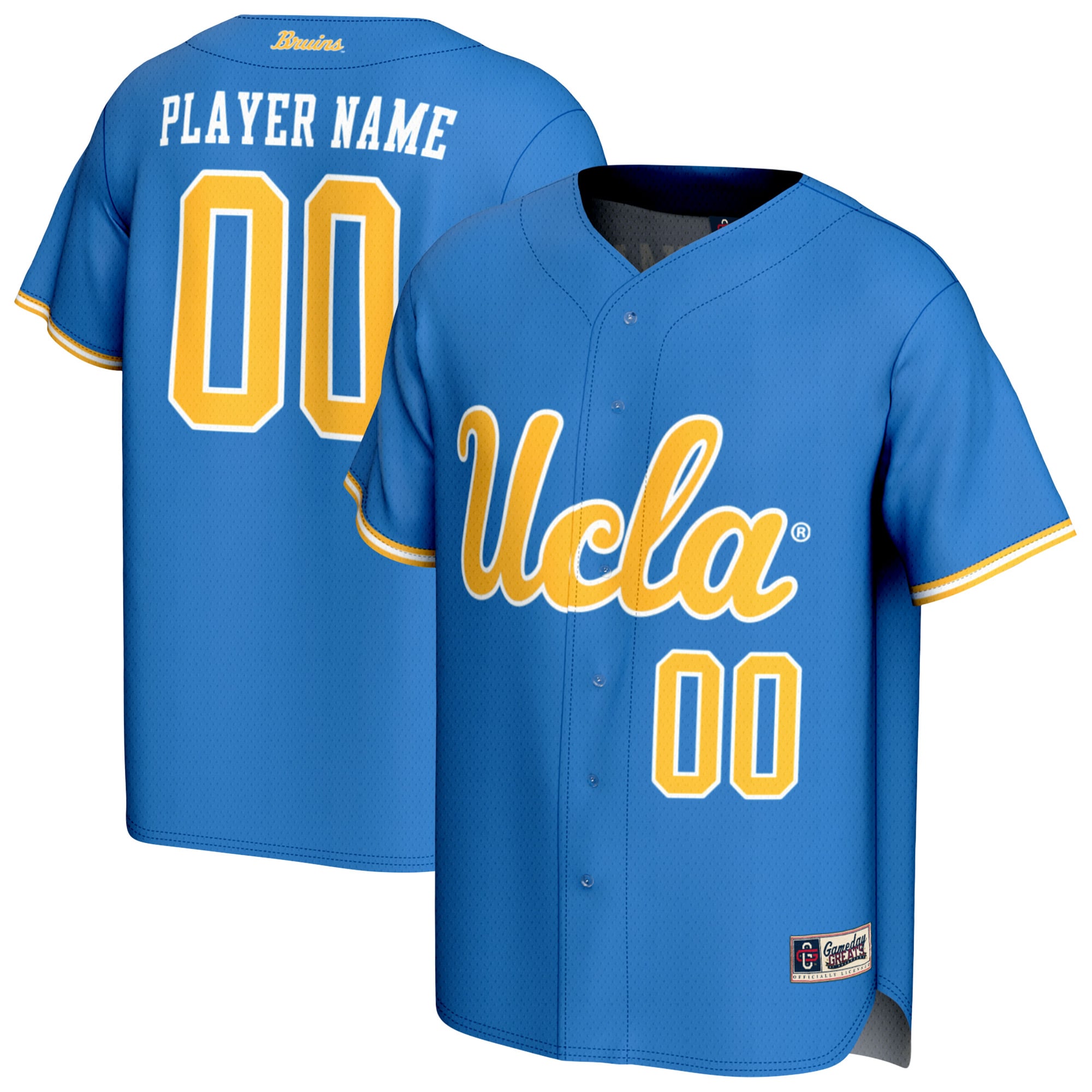 UCLA Bruins Unisex Lightweight Collegiate Baseball Fashion Jersey Blue - front and back view