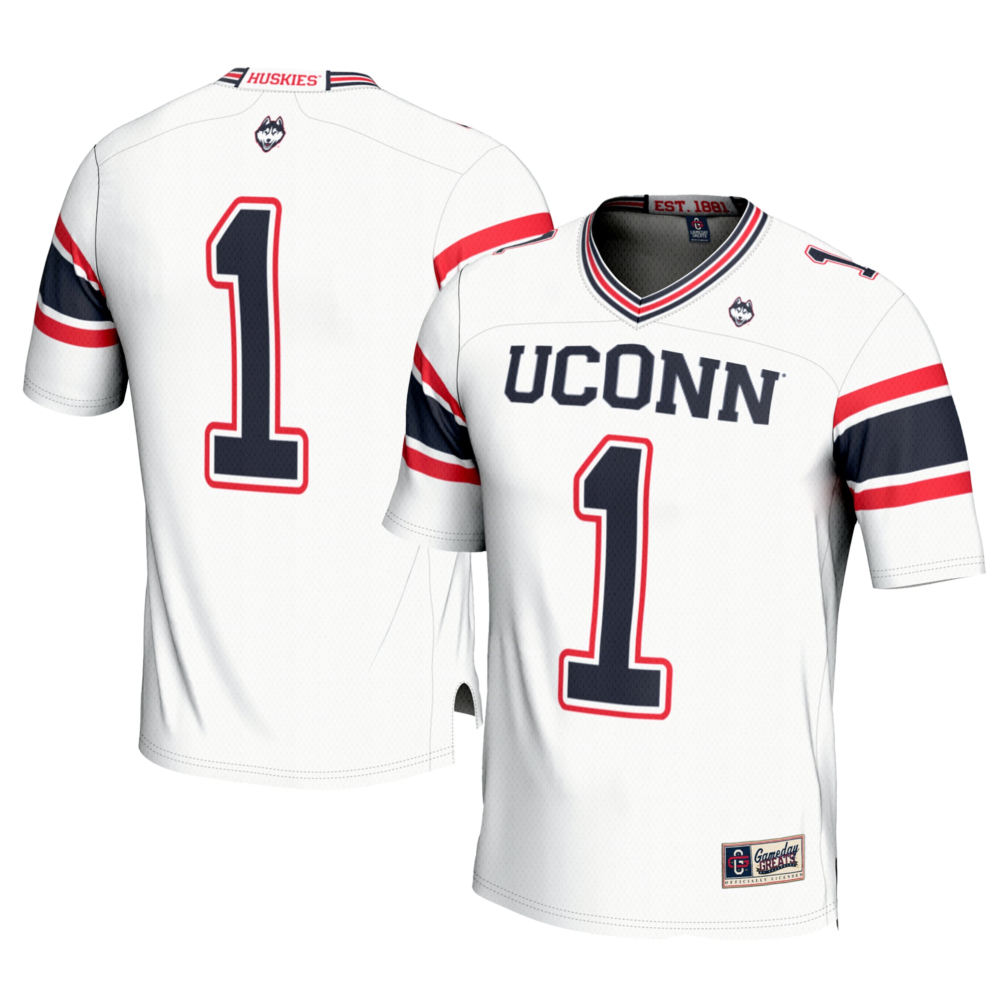 #1 UConn Huskies Football Jersey Cardinal - front and back view