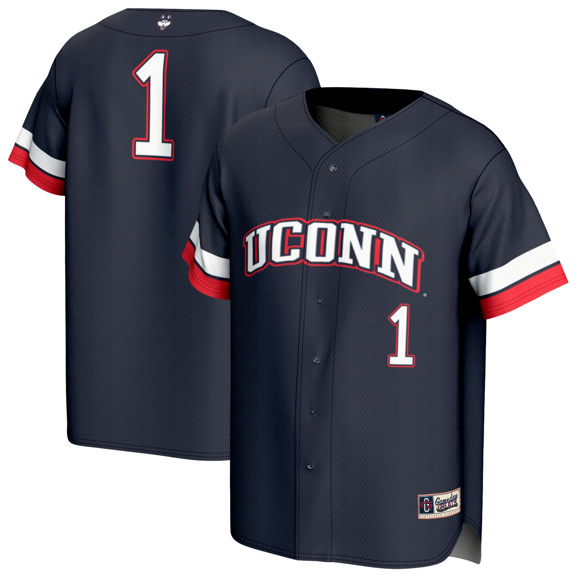 #1 UConn Huskies Unisex Lightweight Collegiate Baseball Fashion Jersey Navy - front and back view