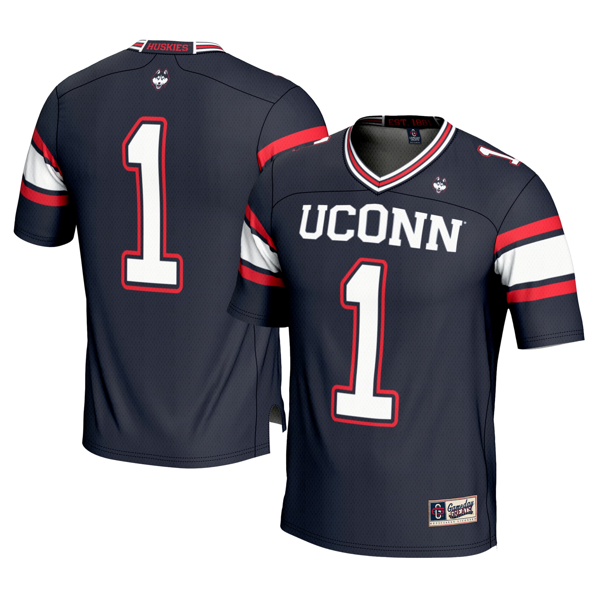 #1 UConn Huskies Youth Football Jersey Navy - front and back view