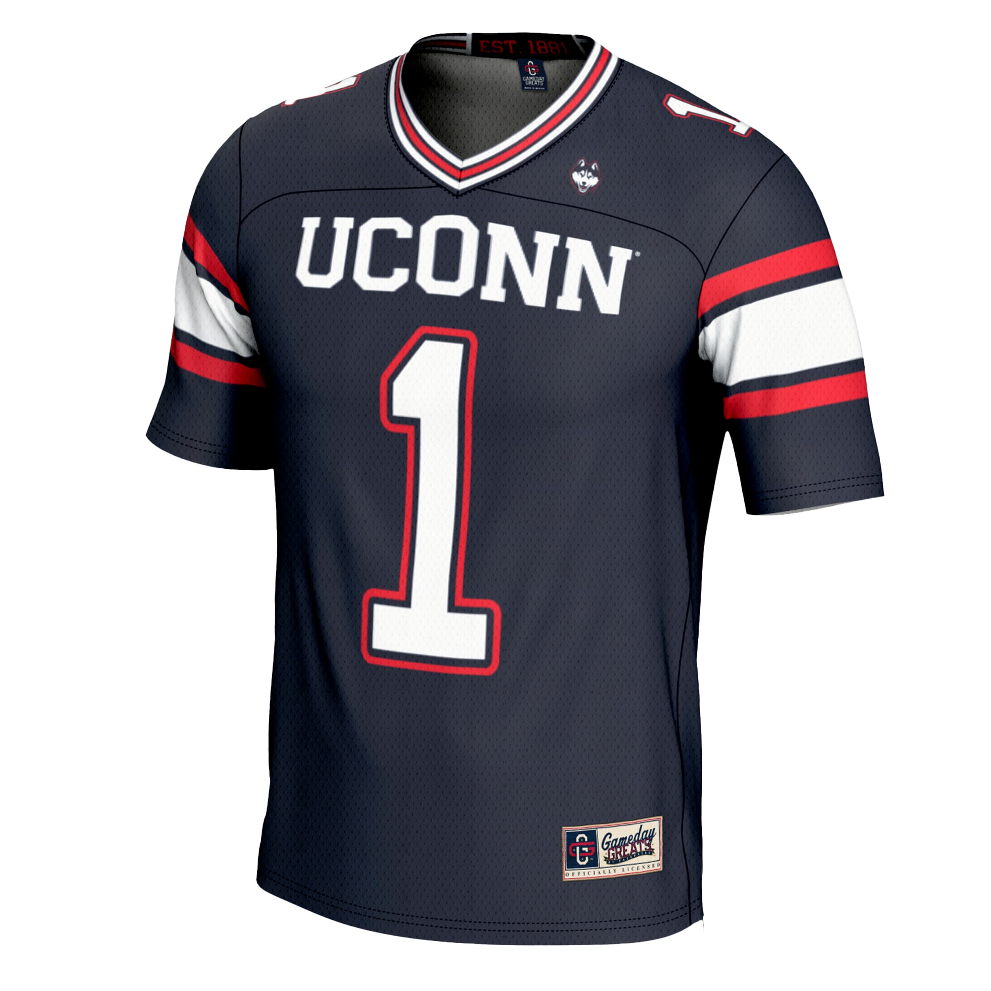 #1 UConn Huskies Youth Football Jersey Navy - front view