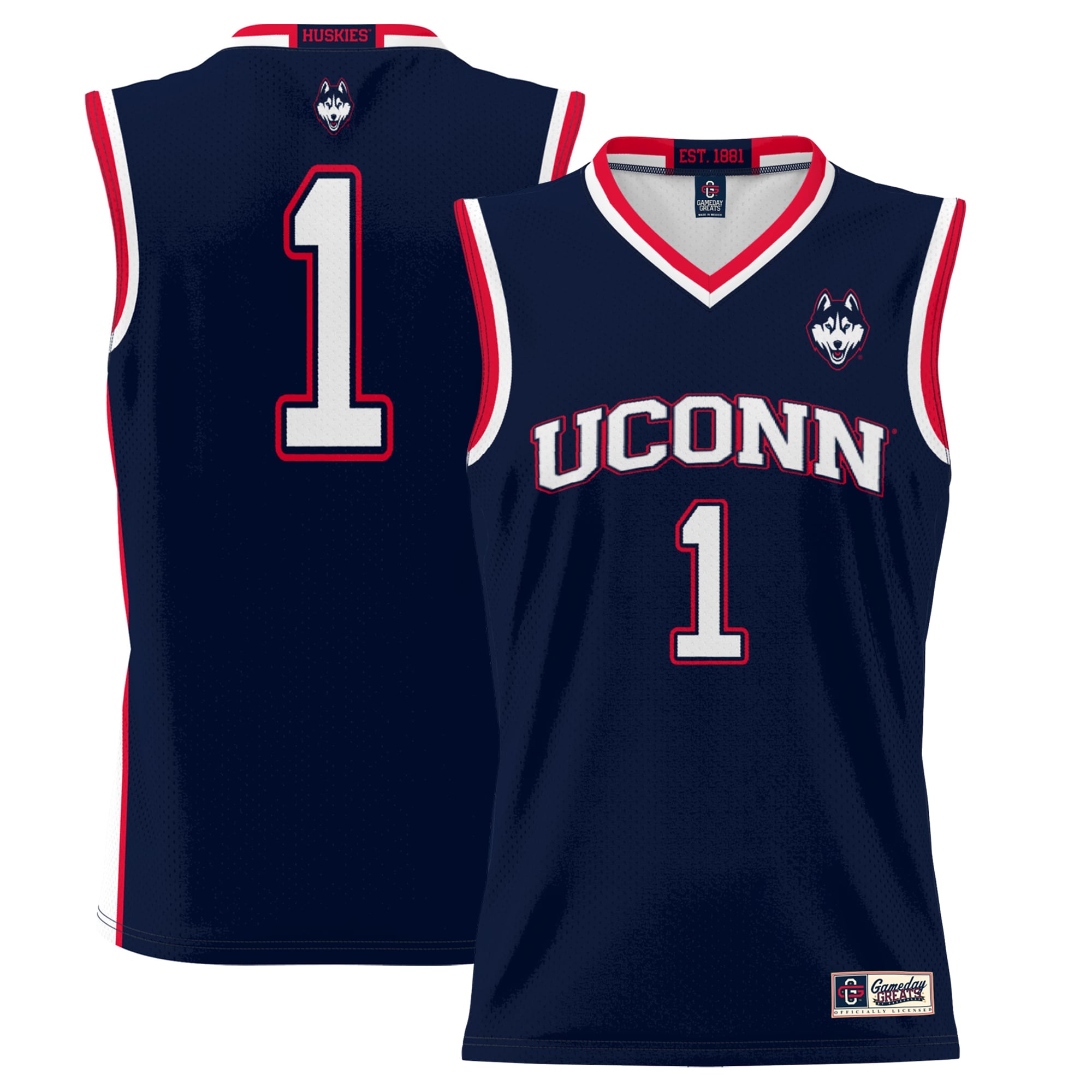 #1 UConn Huskies Youth Lightweight Basketball Jersey Navy - front and back view