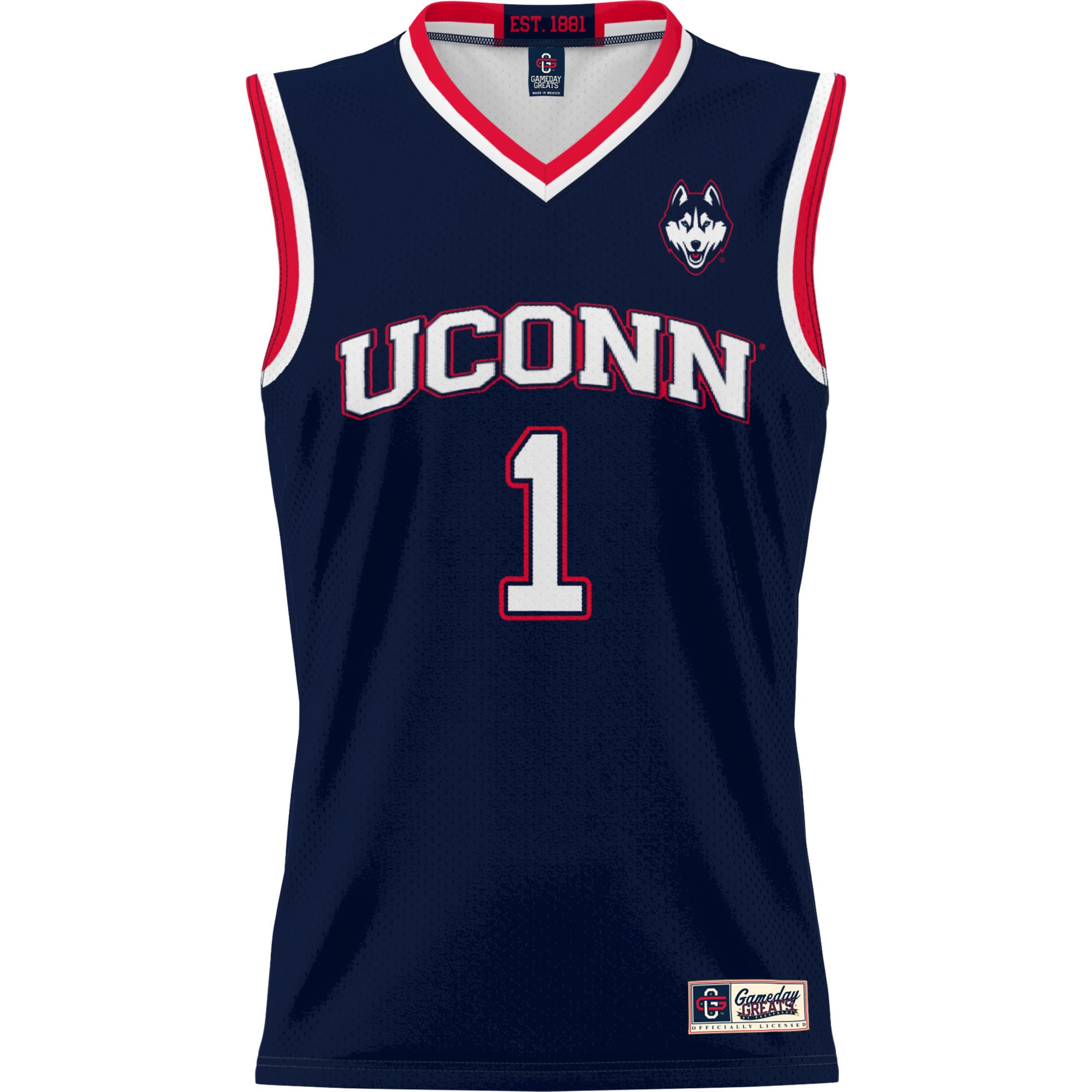#1 UConn Huskies Youth Lightweight Basketball Jersey Navy - front view