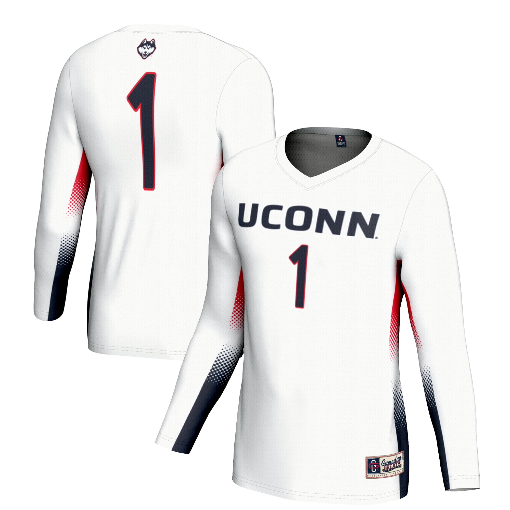 #1 UConn Huskies Youth Lightweight Women's Volleyball Jersey White - front and back view