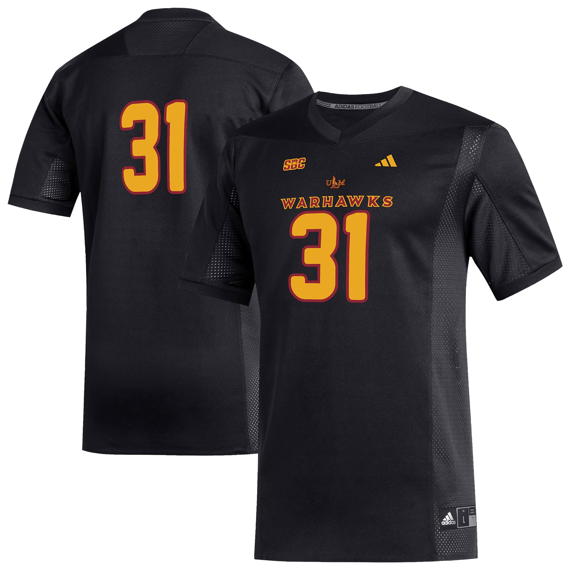 #31 ULM Warhawks Football Jersey Black - front and back view