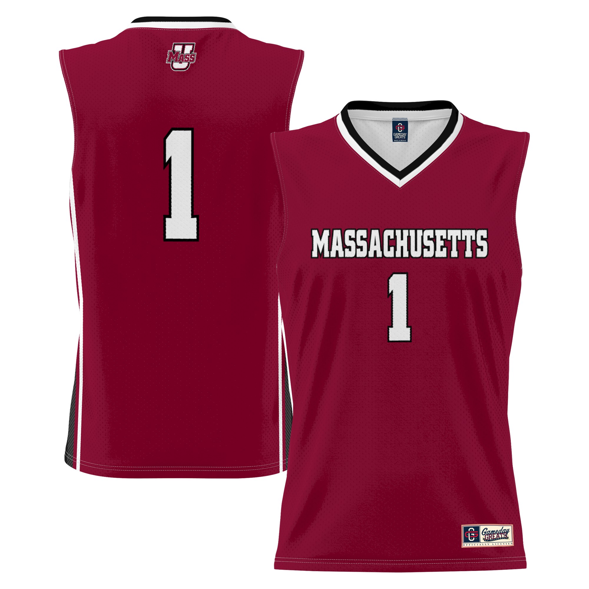 #1 UMass Minutemen Lightweight Basketball Jersey Maroon - front and back view