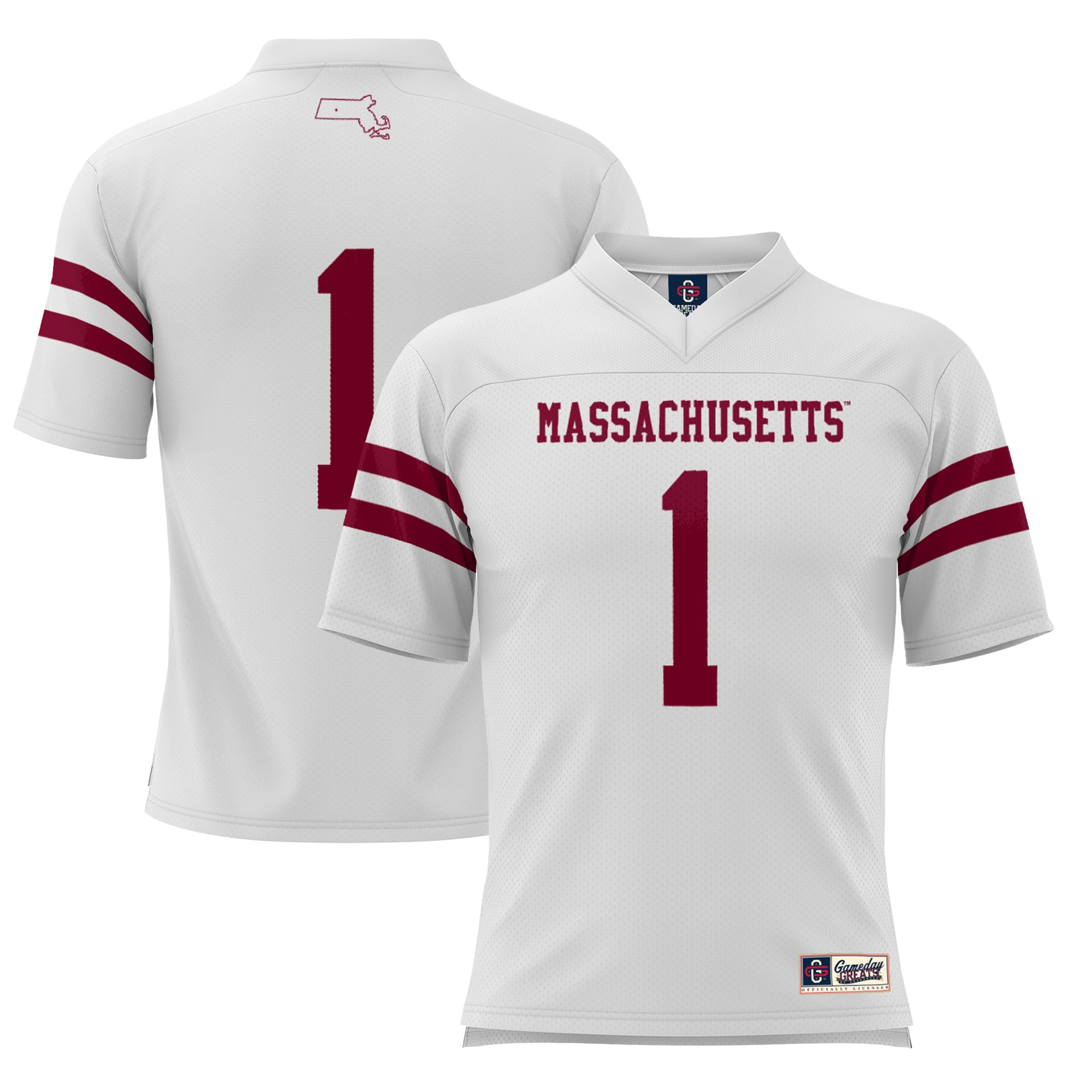#1 UMass Minutemen Youth Football Jersey White - front and back view