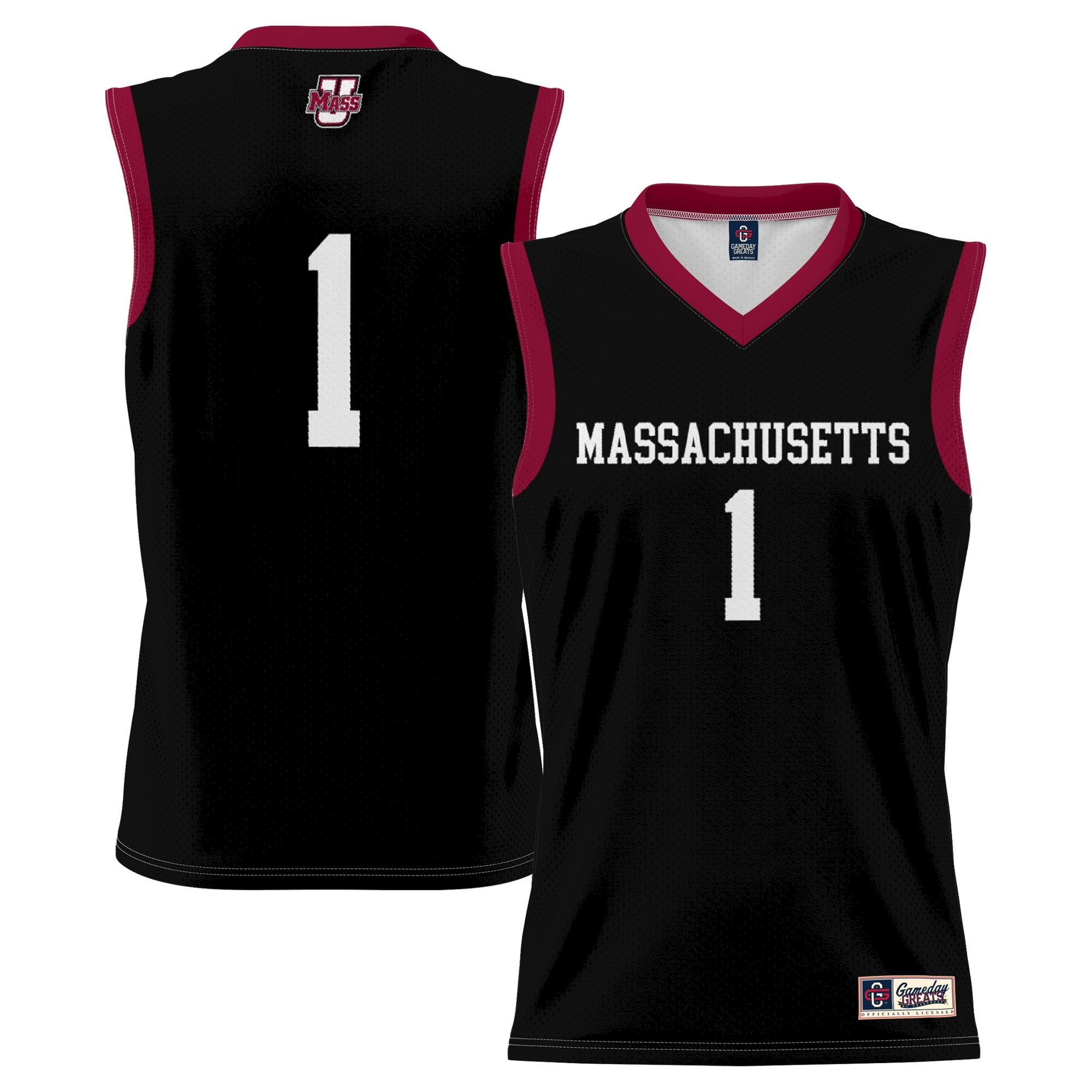 #1 UMass Minutemen Youth Lightweight Basketball Jersey Black - front and back view