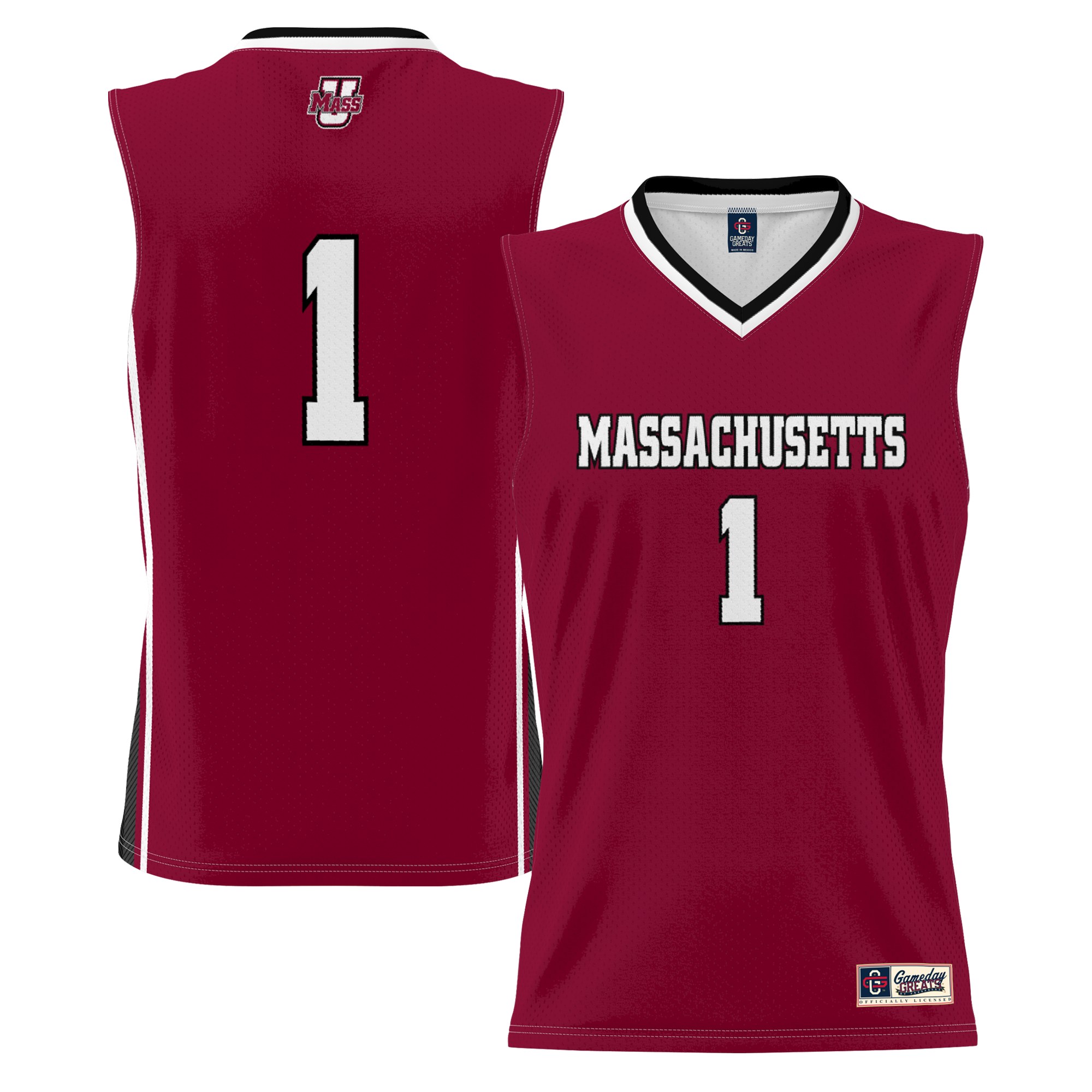 #1 UMass Minutemen Youth Lightweight Basketball Jersey Maroon - front and back view