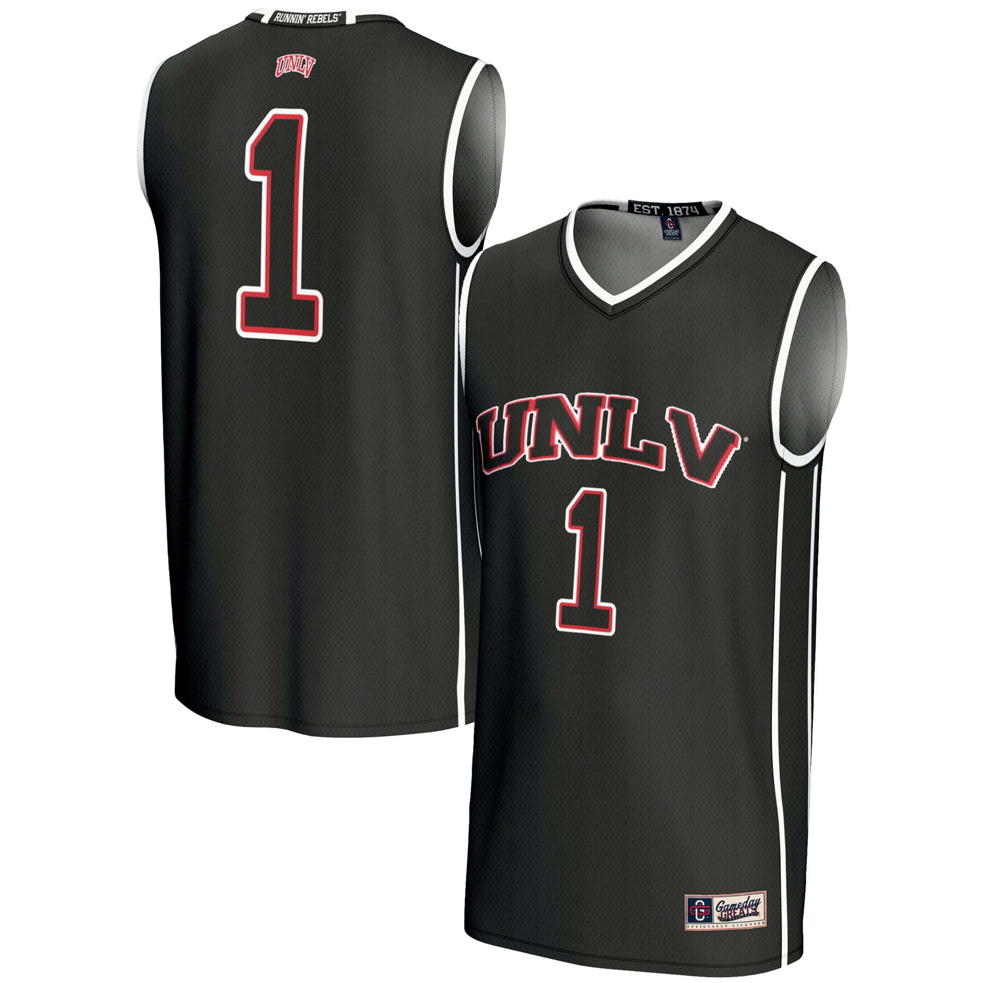 #1 UNLV Rebels Youth Lightweight Basketball Jersey Black - front and back view