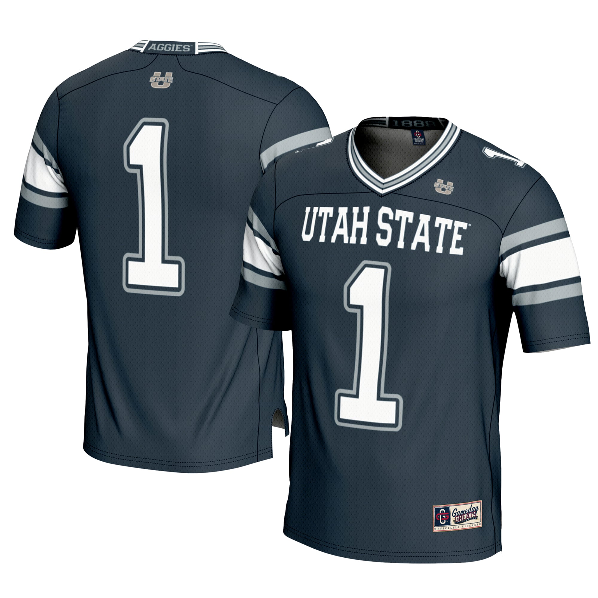 #1 Utah State Aggies Youth Football Jersey Navy - front and back view