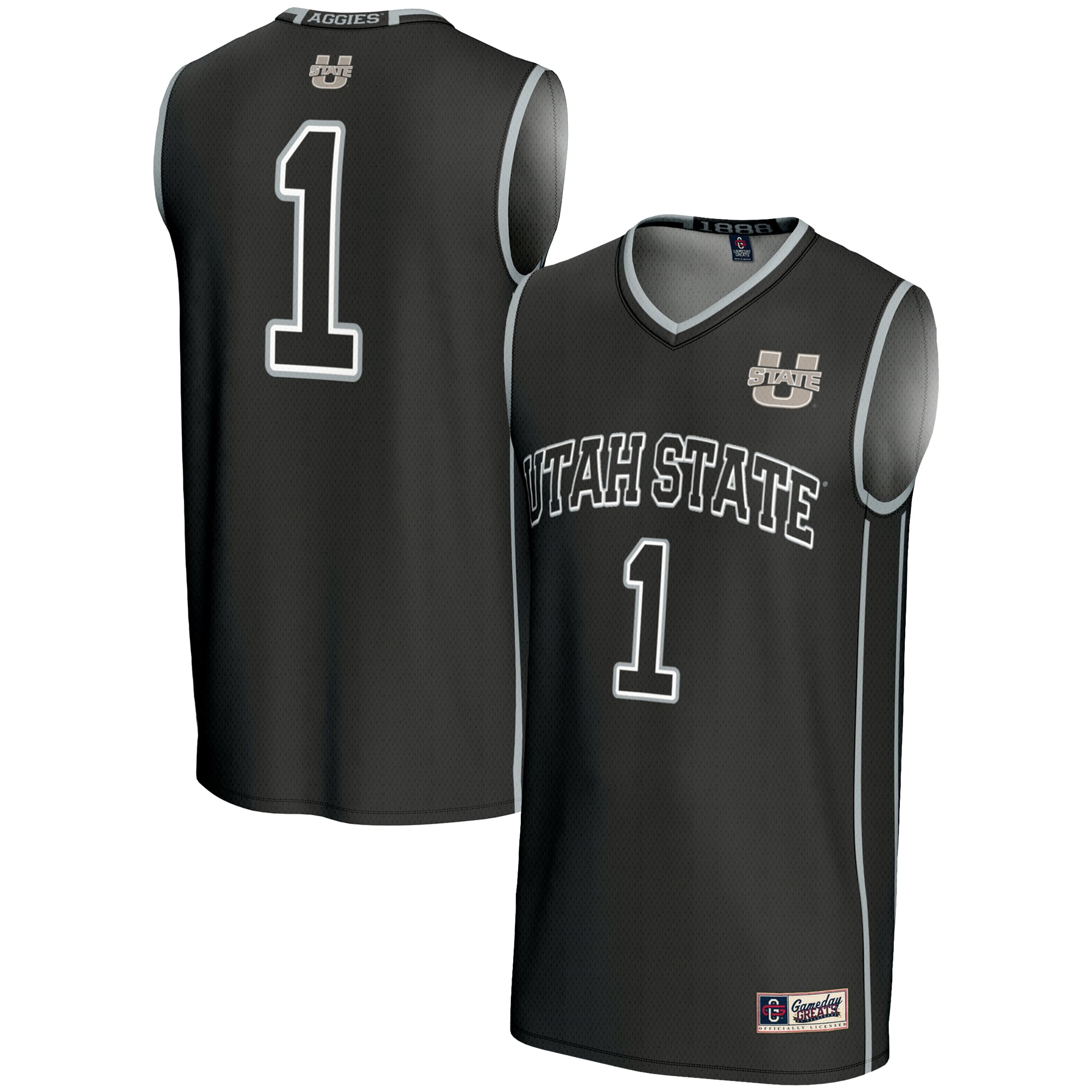 #1 Utah State Aggies Youth Lightweight Basketball Jersey Black - front and back view